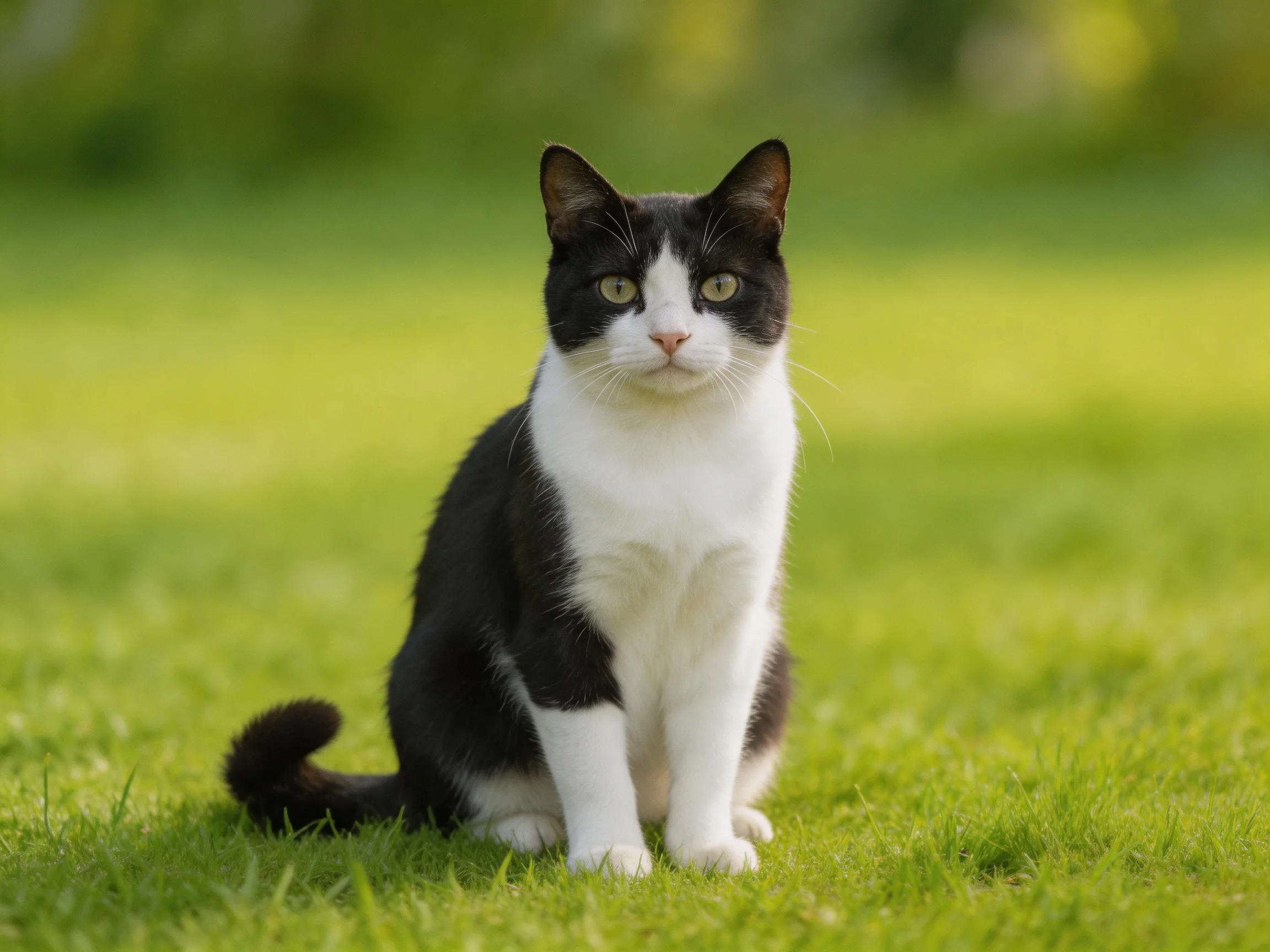 A black - and - white cat sitting on lush green grass