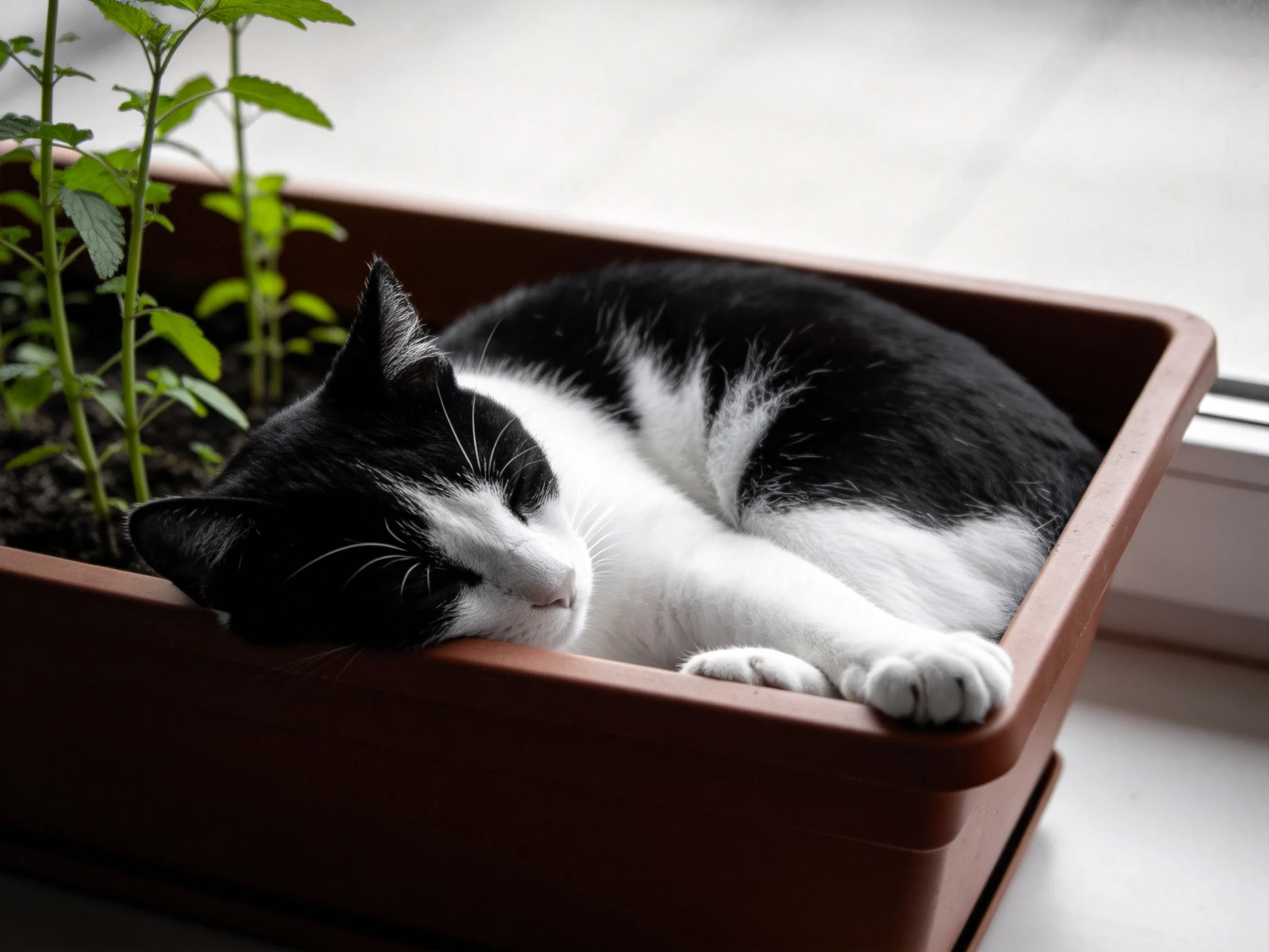 A black - and - white cat sleeps inside a planter with green plants