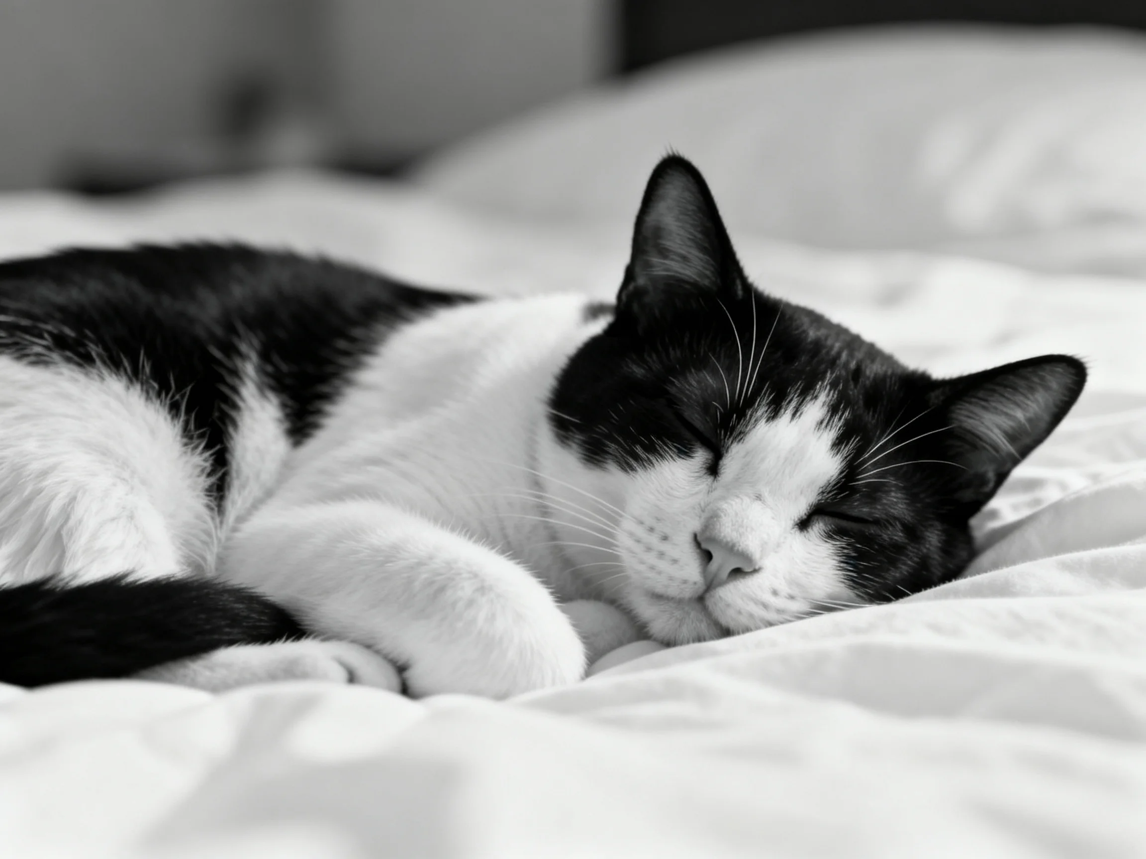 A black - and - white cat sleeps on a plush bed