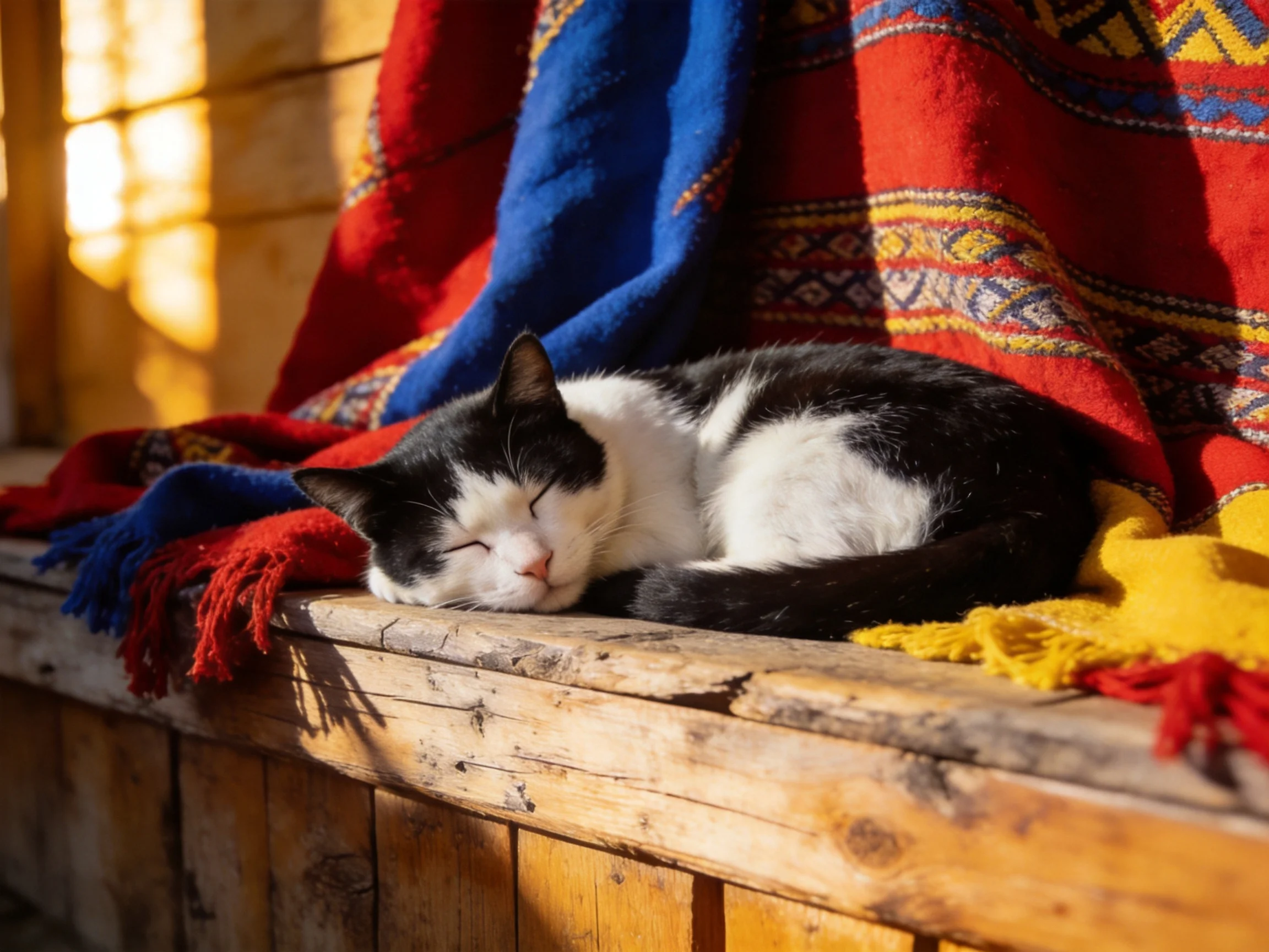 A black - and - white cat sleeps on a wooden ledge with vibrant blankets
