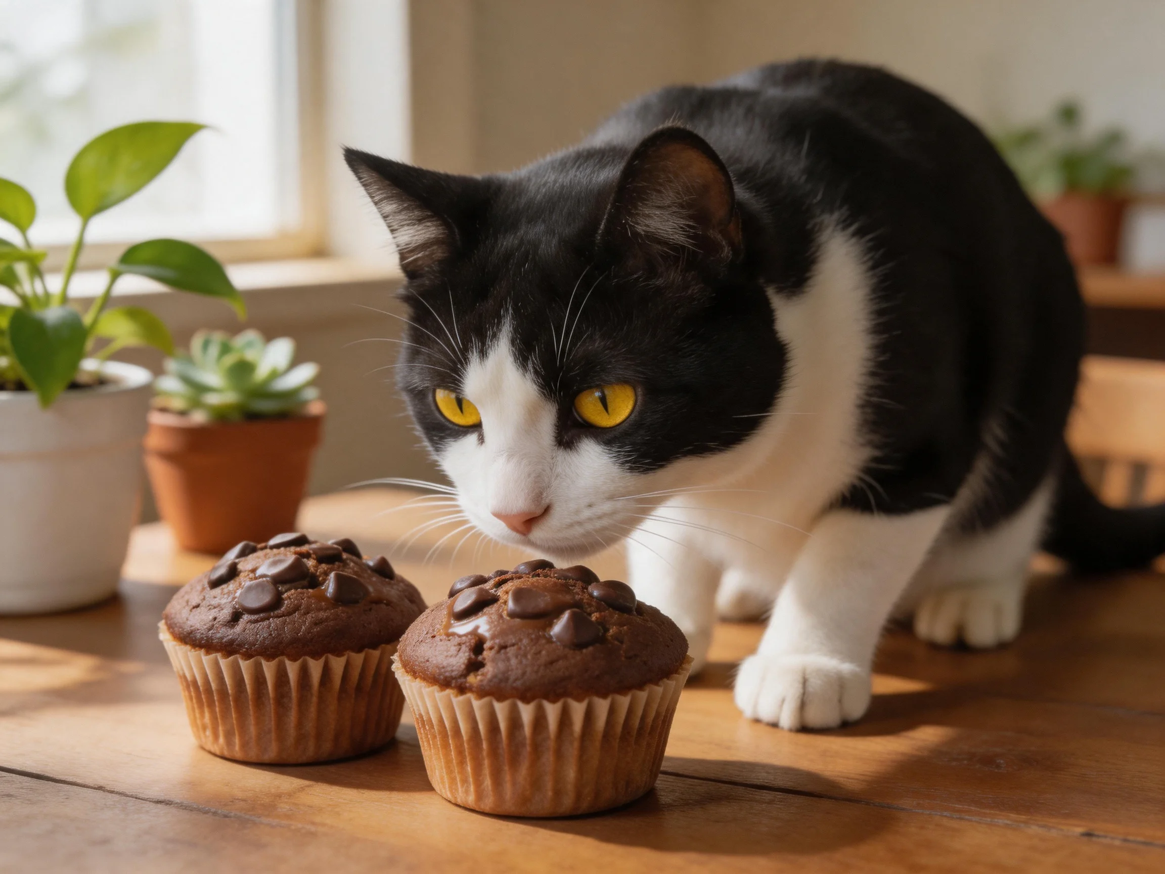 A black - and - white cat sniffs two chocolate chip muffins near houseplants