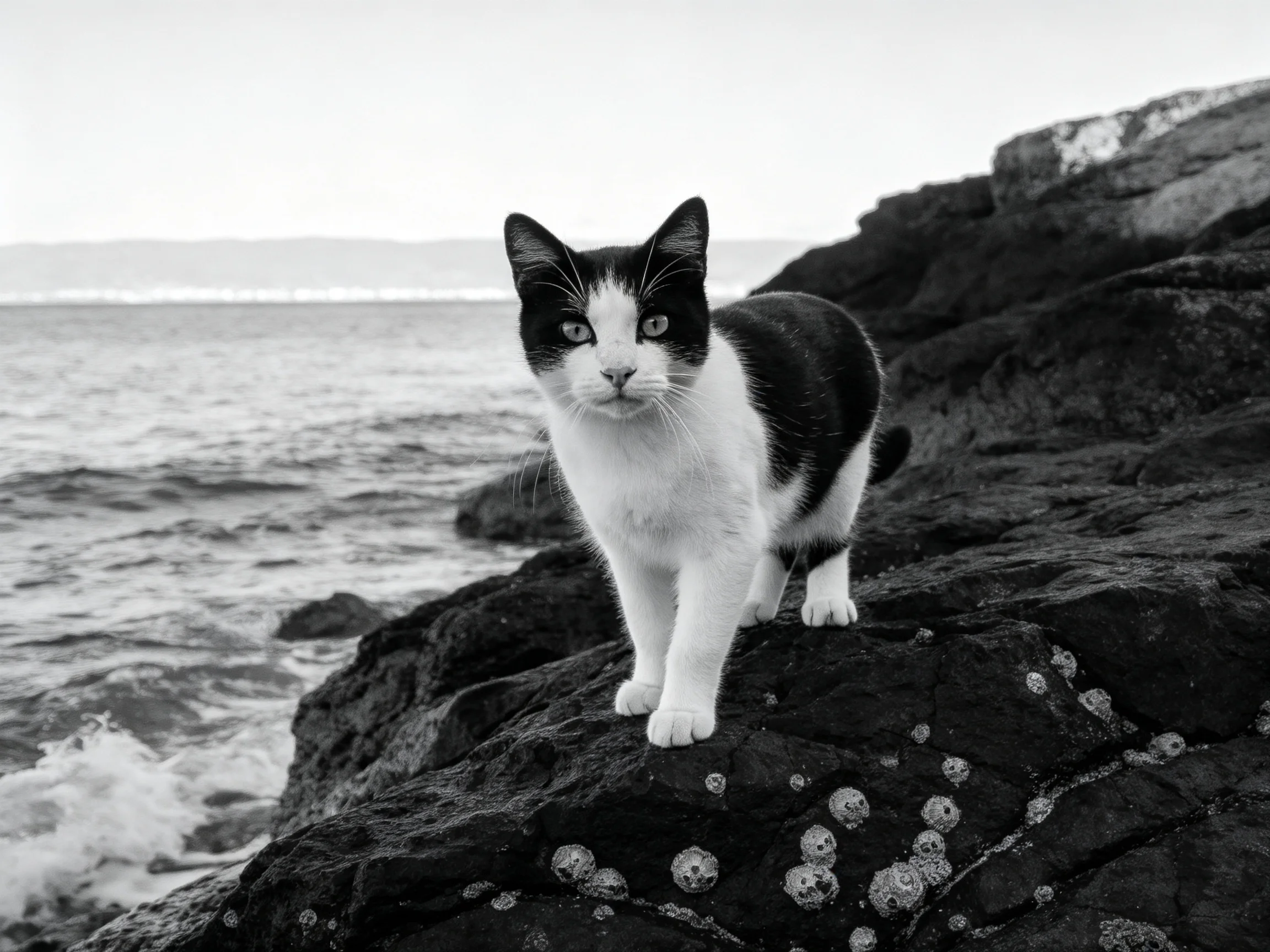 A black - and - white cat stands atop rugged coastal rocks by the sea