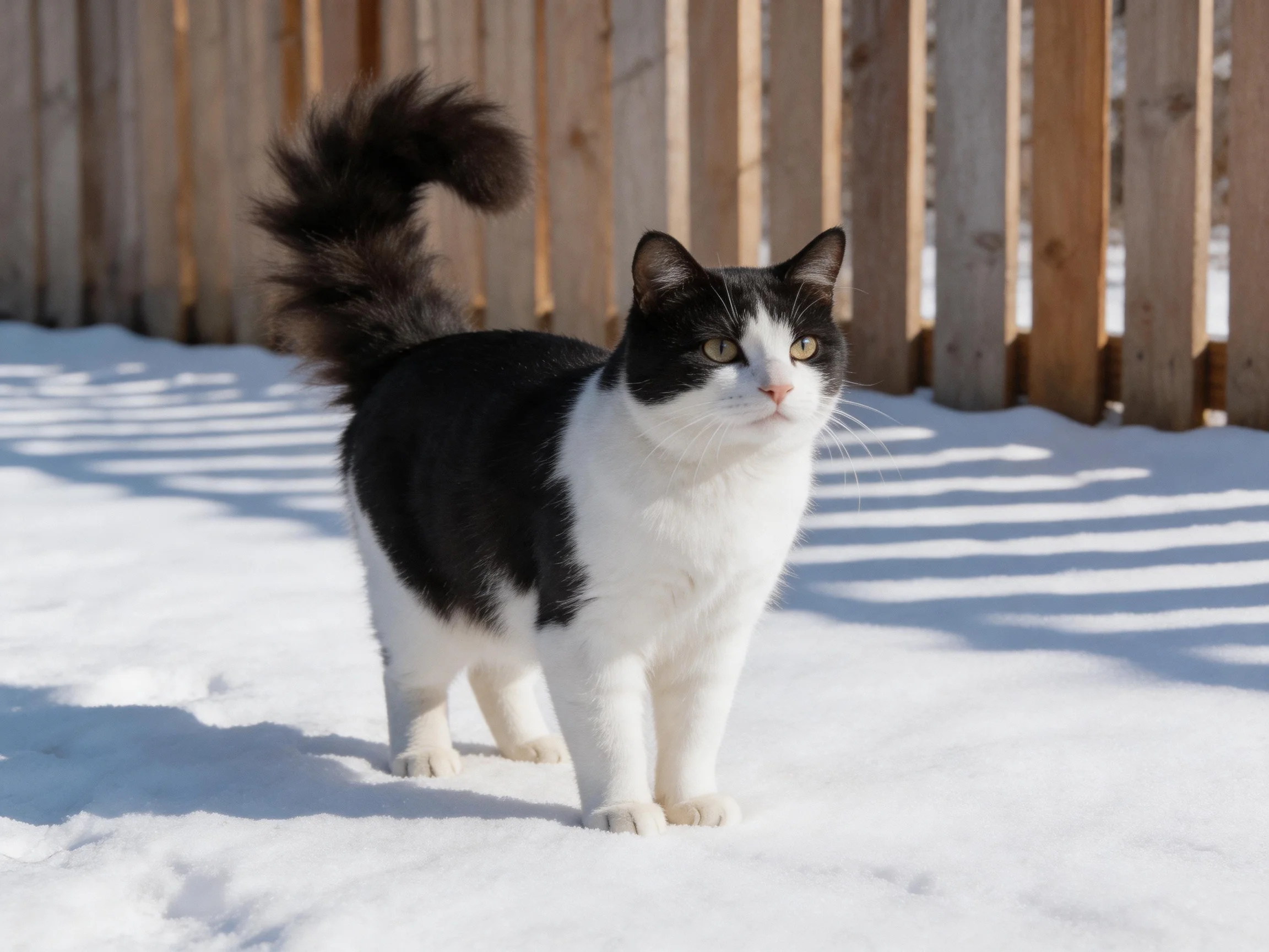 A black - and - white cat stands on snow by a wooden fence