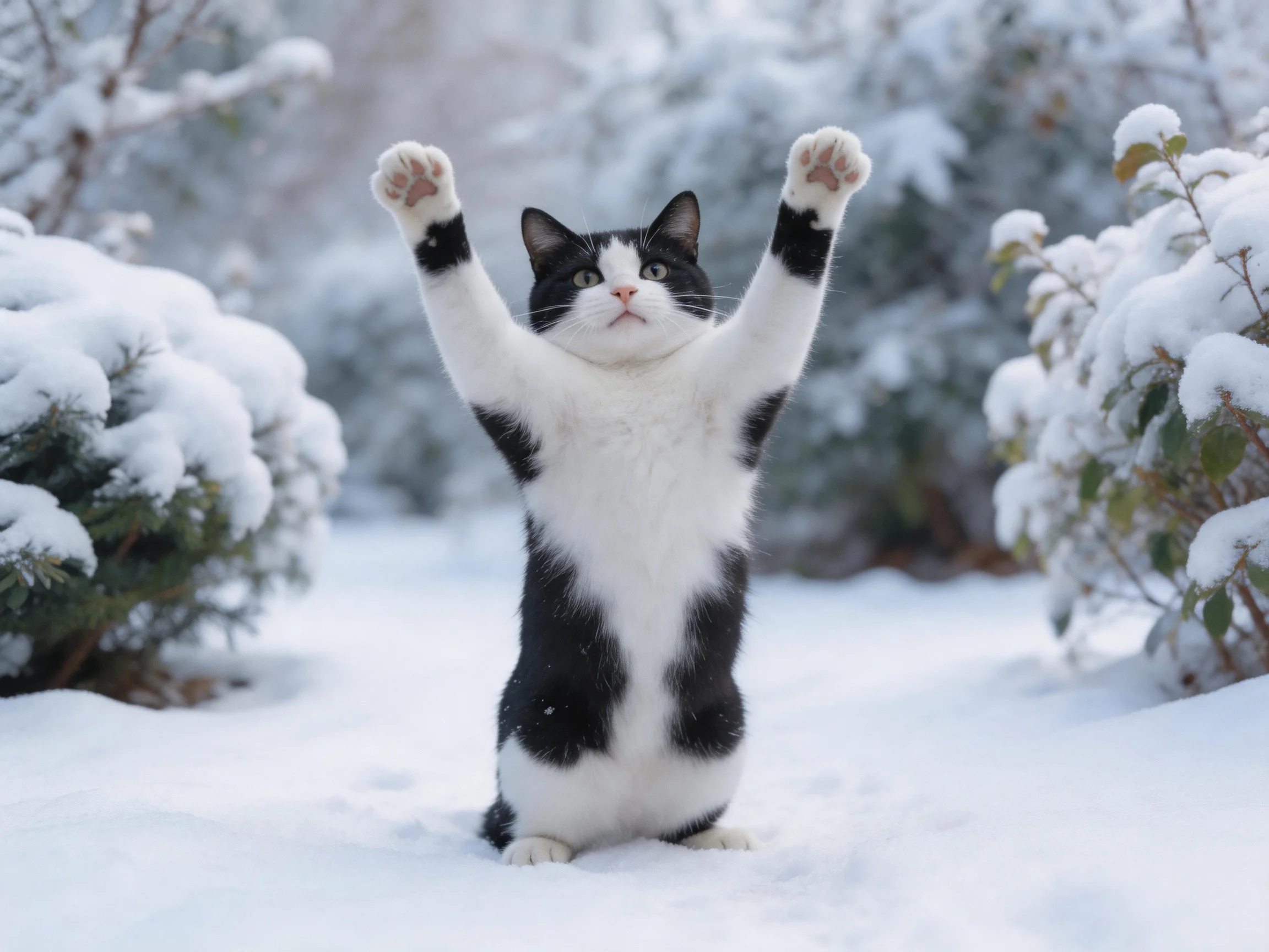 A black - and - white cat stands upright in a snowy garden with snow - covered bushes