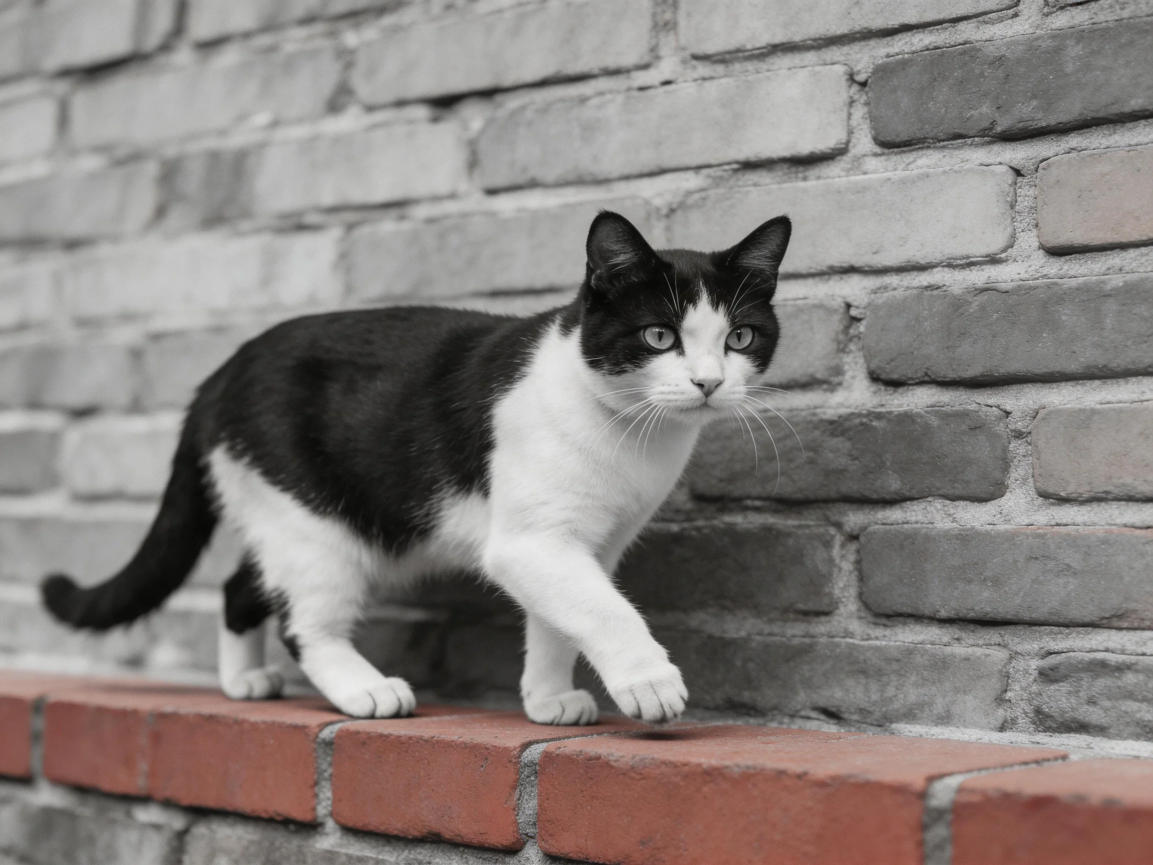A black - and - white cat walks along a red brick ledge beside a gray stone wall
