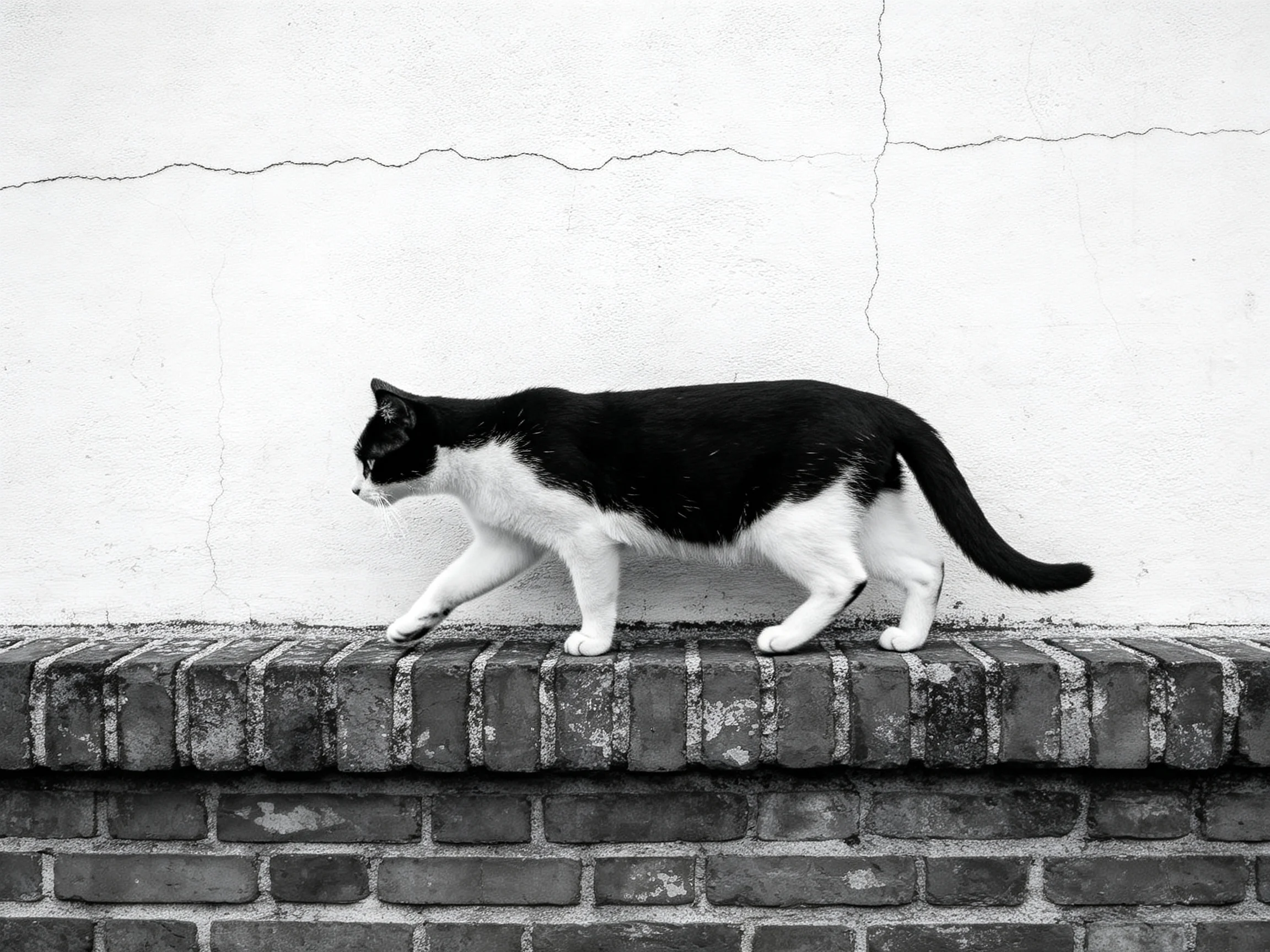 A black - and - white cat walks along a weathered brick ledge beside a cracked wall