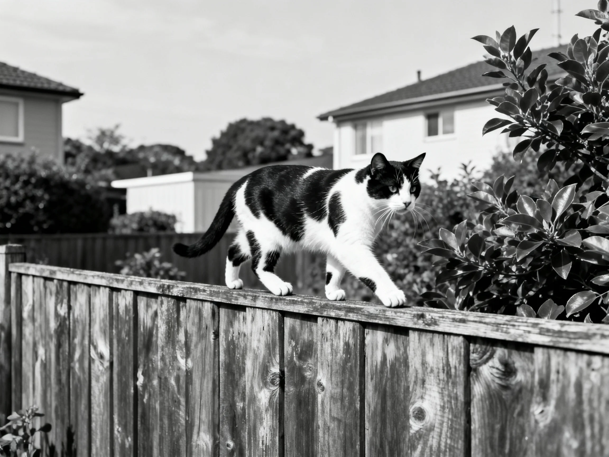 A black - and - white cat walks along a weathered wooden fence