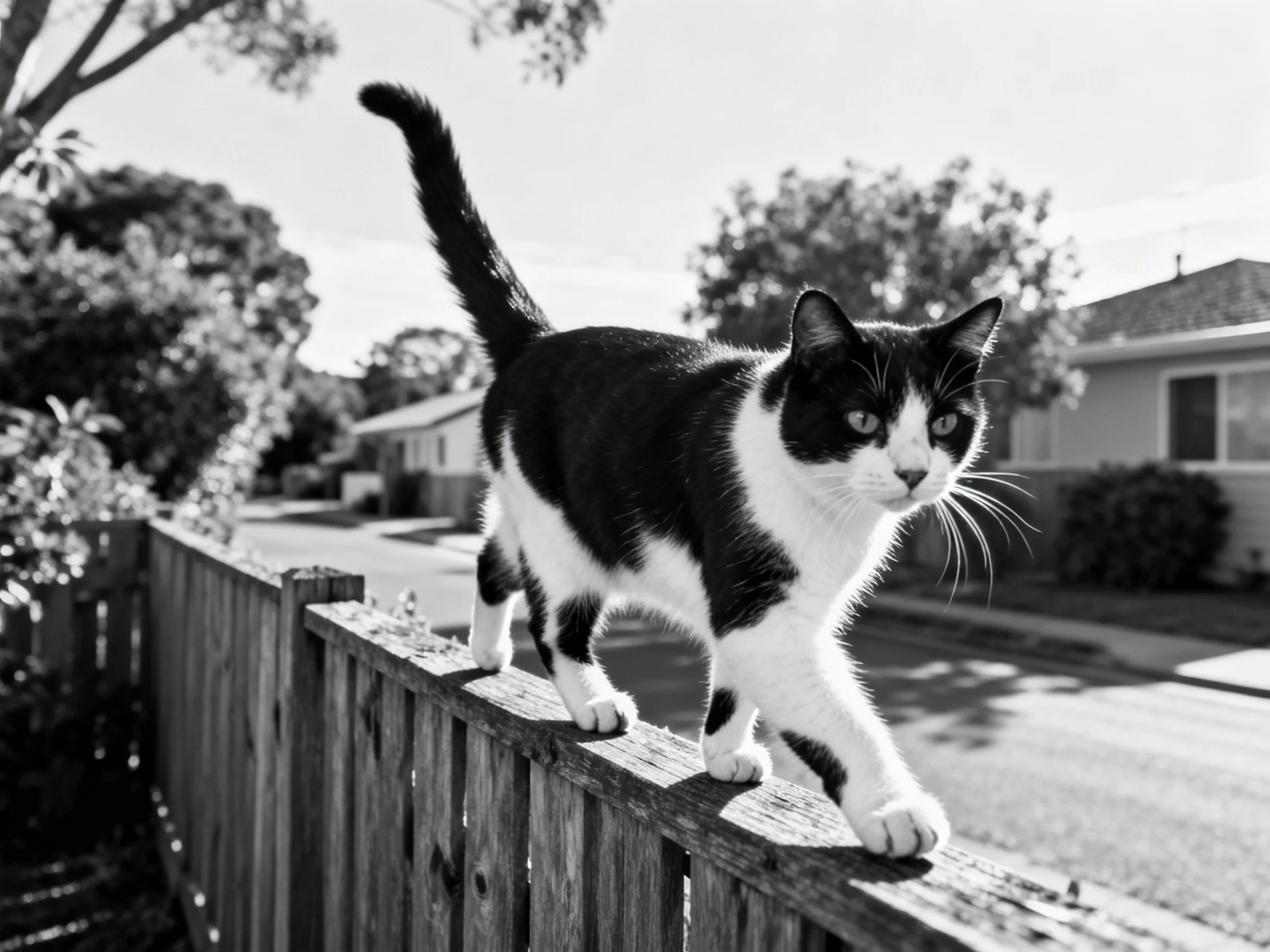 A black - and - white cat walks along a wooden fence in a suburban neighborhood