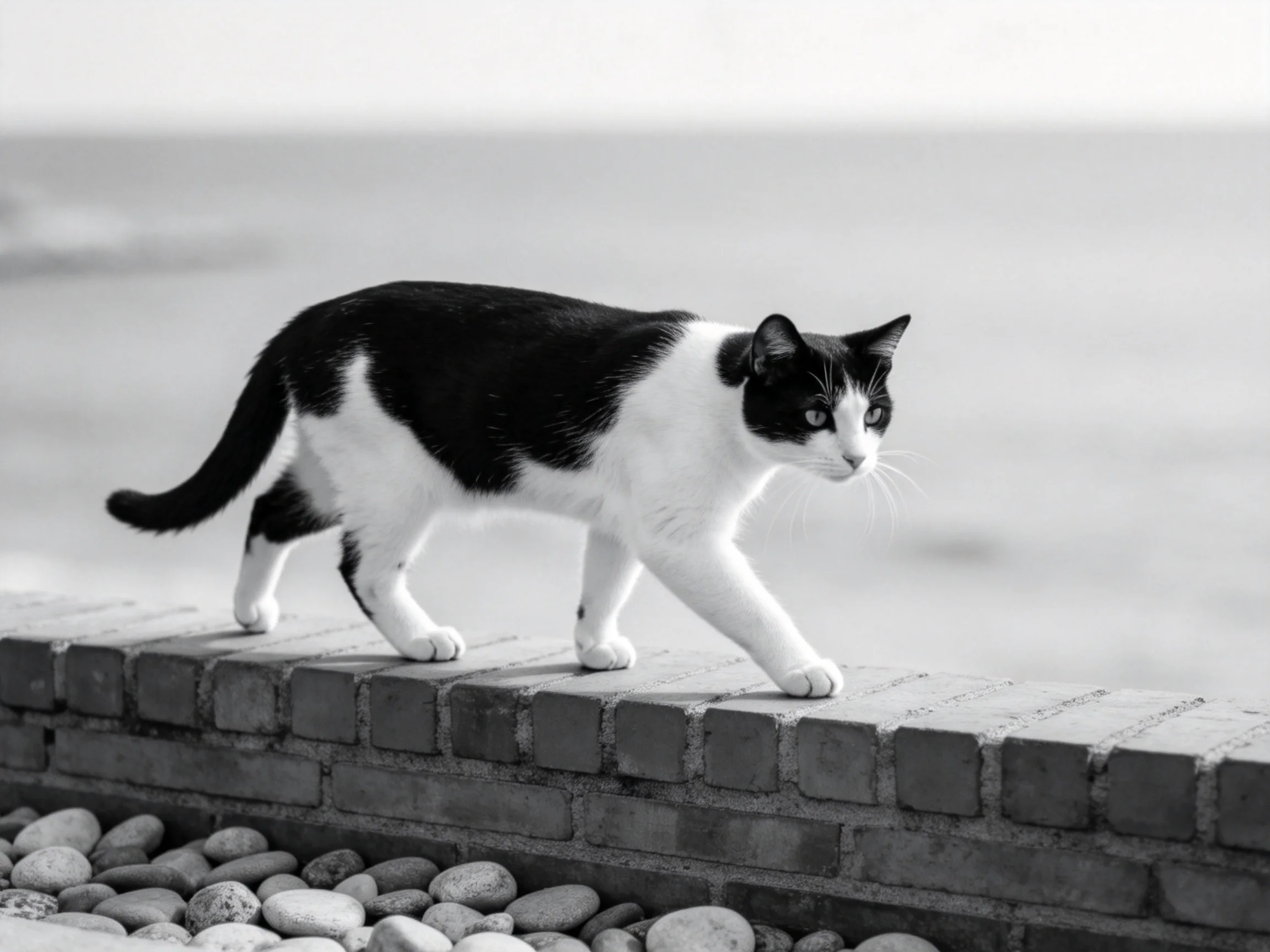 A black - and - white cat walks on a brick ledge near pebbles