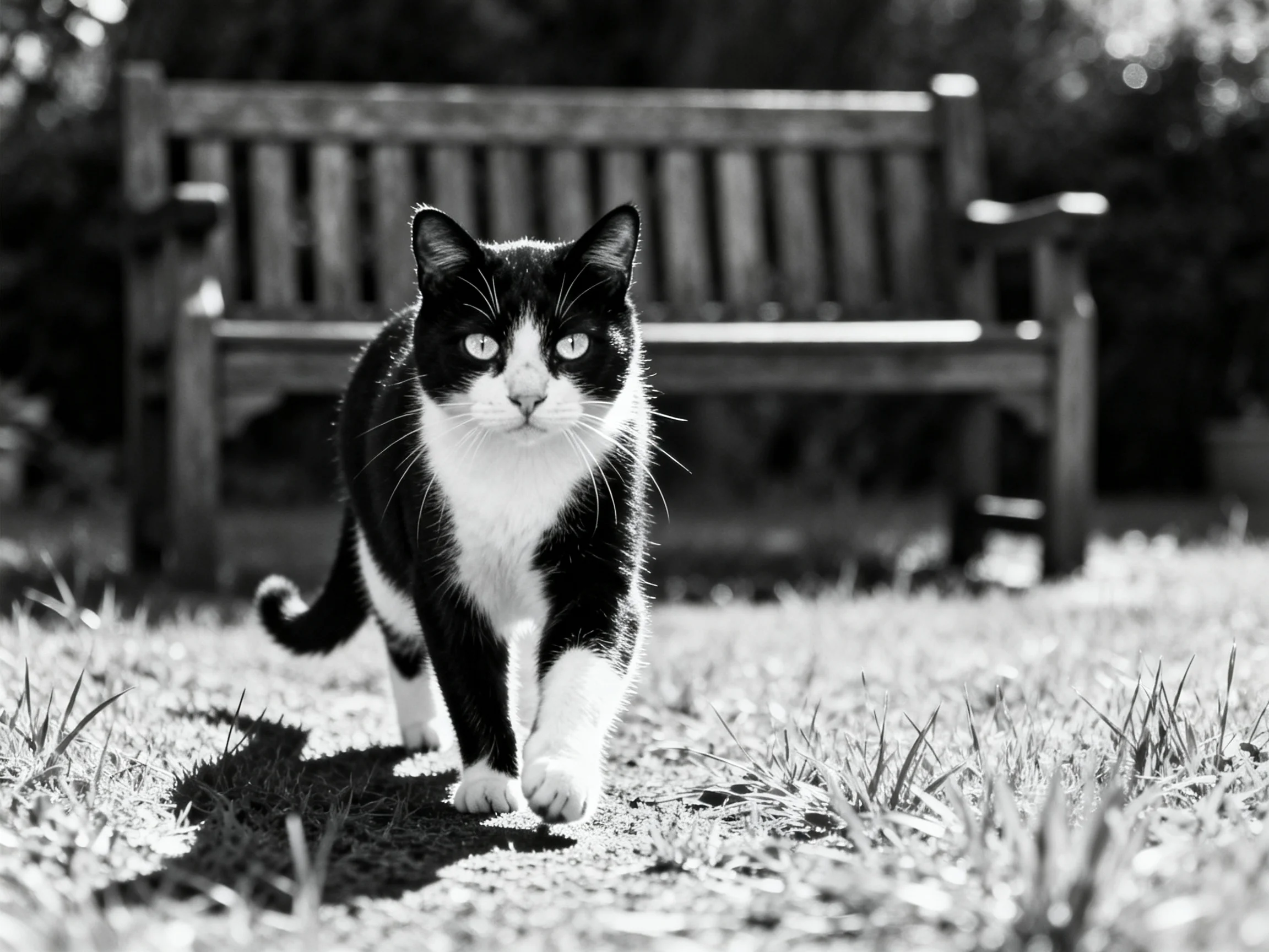A black - and - white cat walks toward a wooden bench in a grassy area