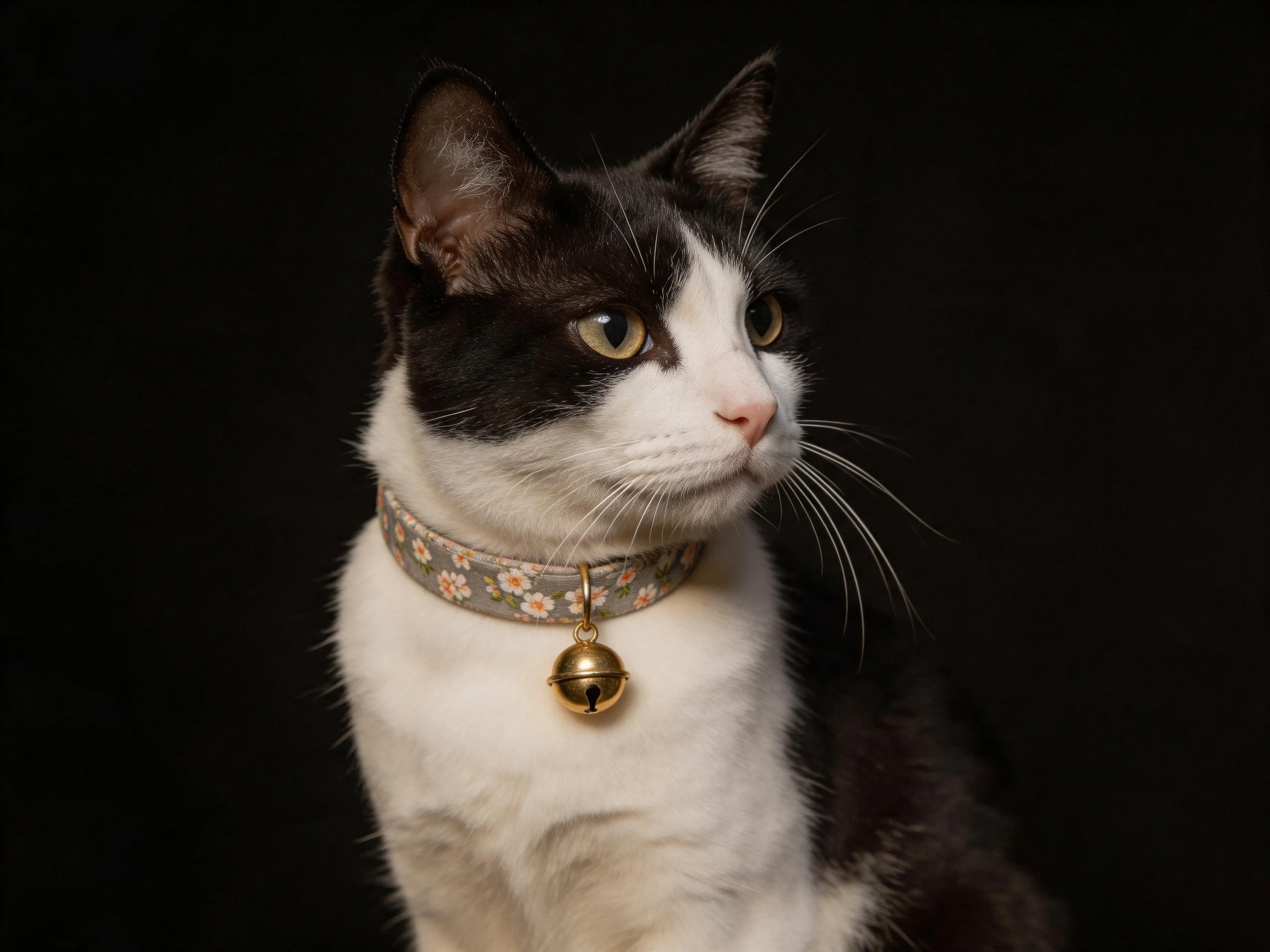 A black - and - white cat with a floral collar stands out against a dark backdrop.