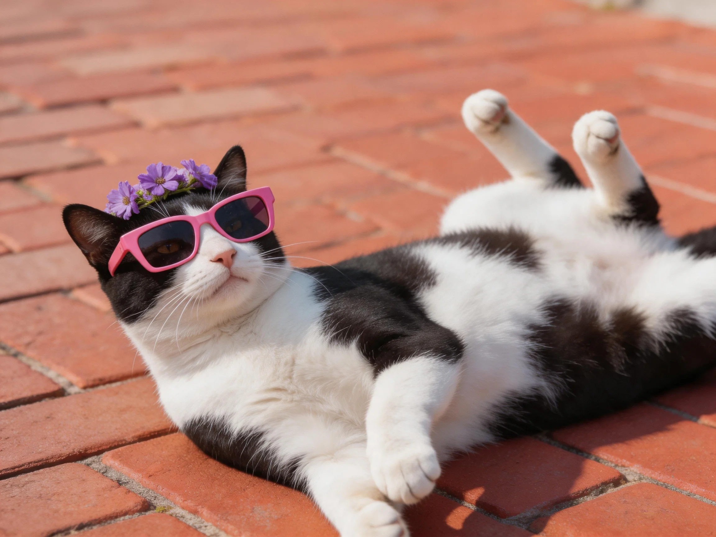 A black - and - white cat with pink sunglasses and a flower crown relaxes on red brick pavement.