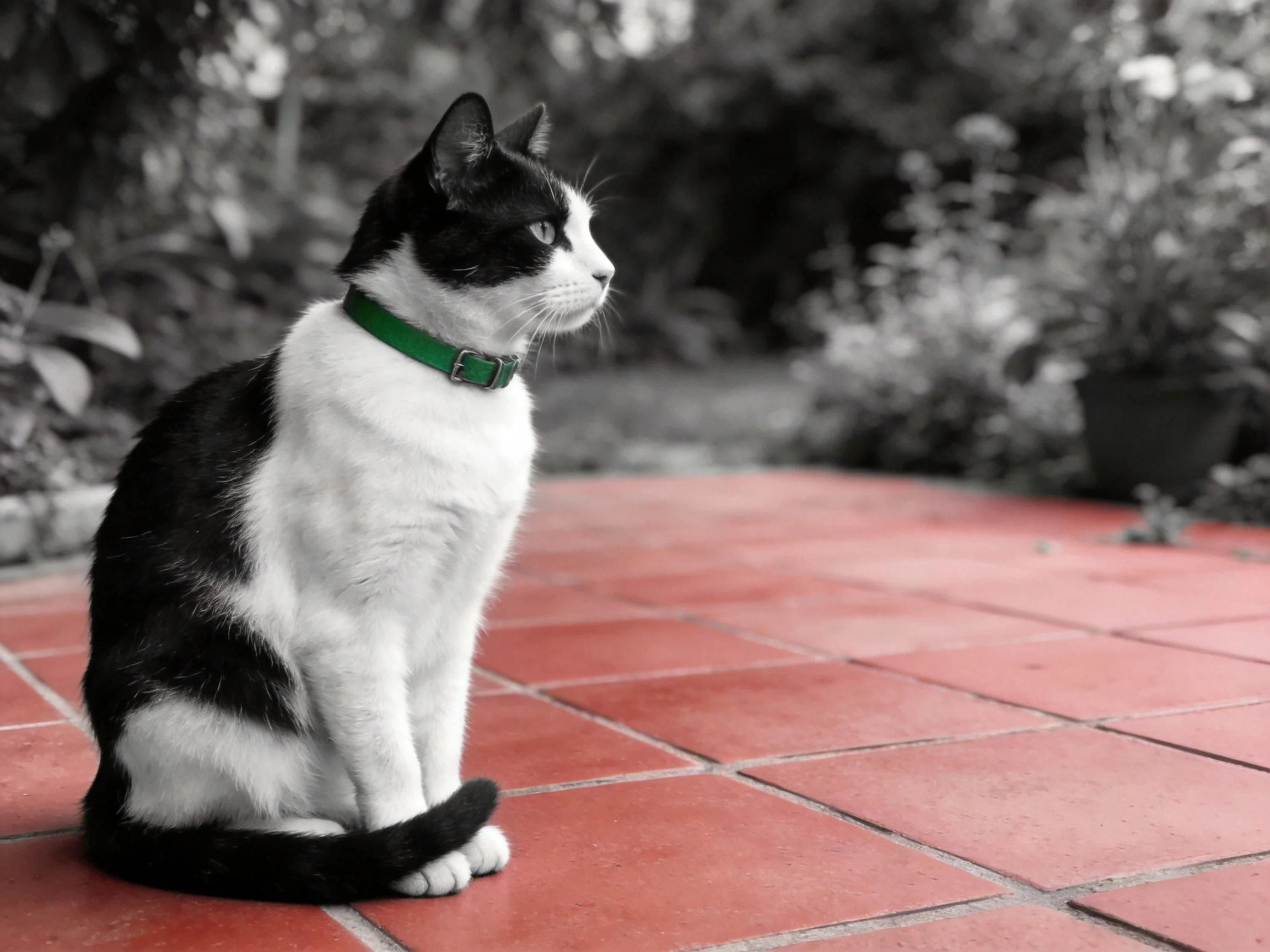 A black - and - white cat with a green collar sits on red patio tiles.