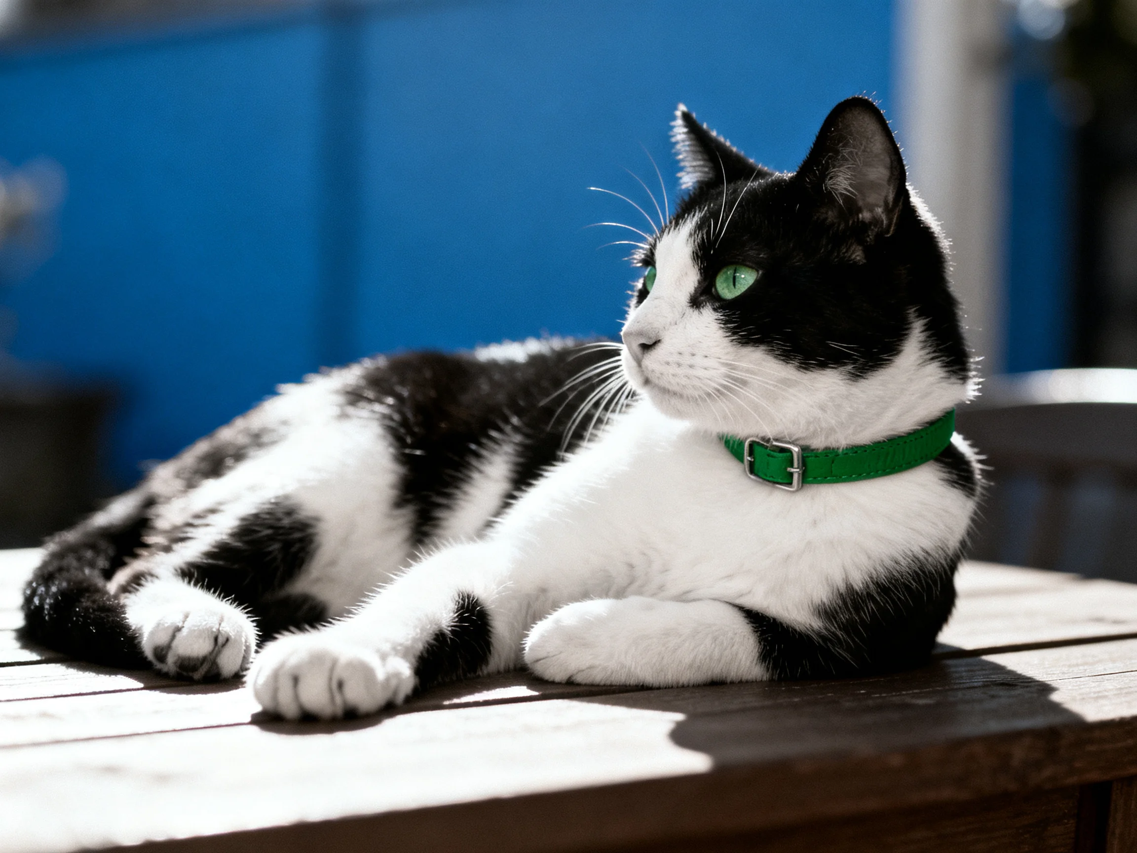 A black - and - white cat with a green collar relaxes on an outdoor wooden table.