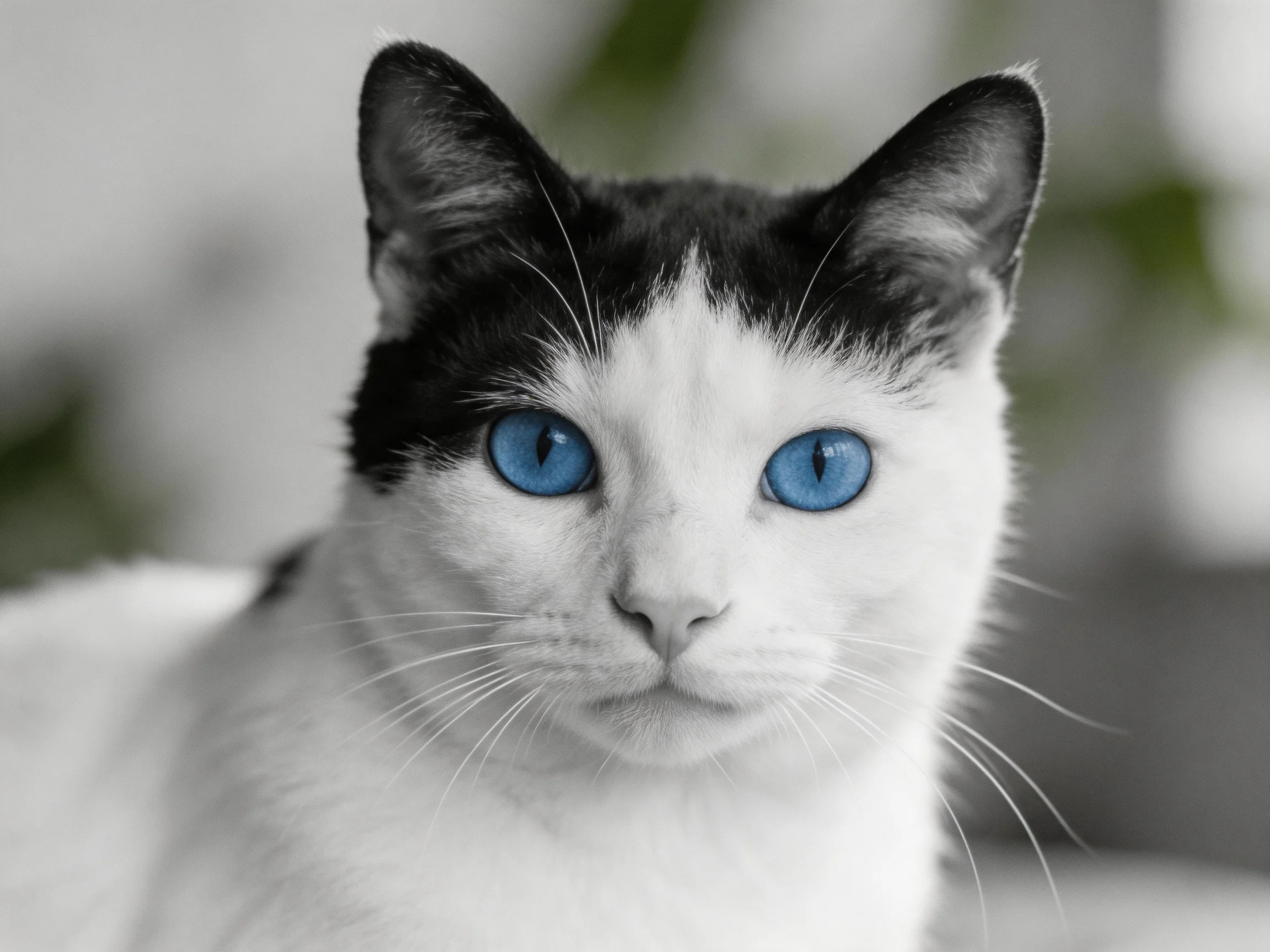 A black - and - white cat with bright blue eyes is positioned before a blurred green background.