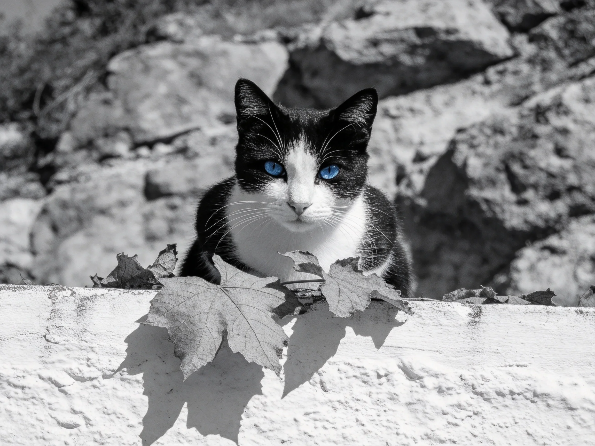 A black - and - white cat with blue eyes is near dry leaves and rocks.