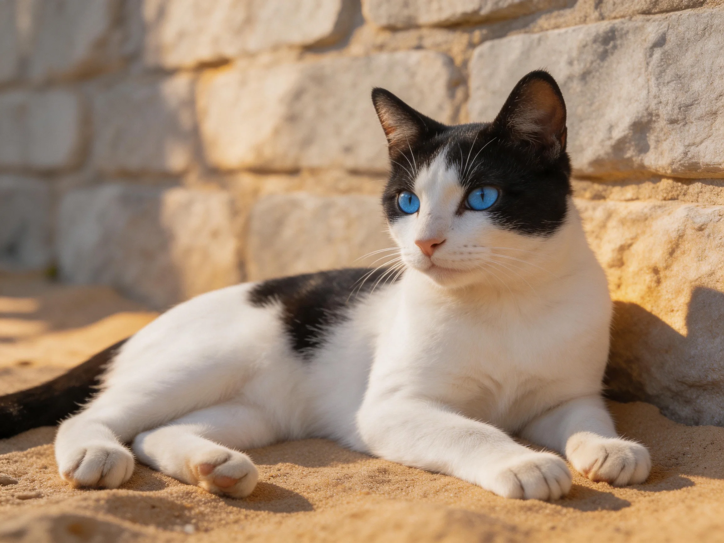 A black - and - white cat with blue eyes relaxes by a stone wall.