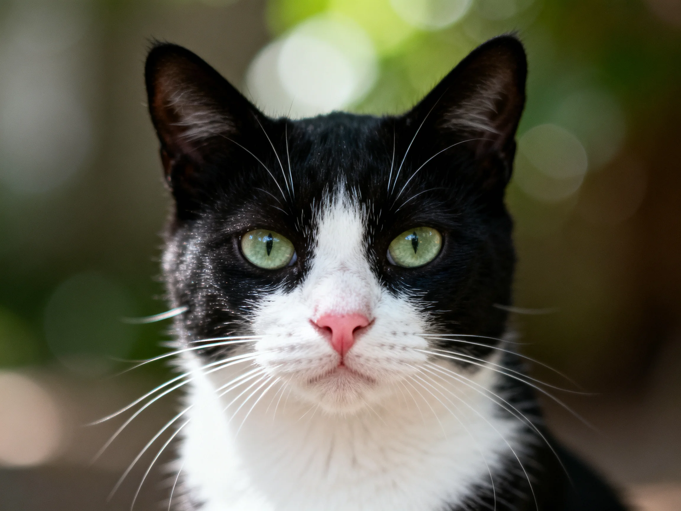 A black - and - white cat with green eyes stands out in a softly blurred outdoor setting.