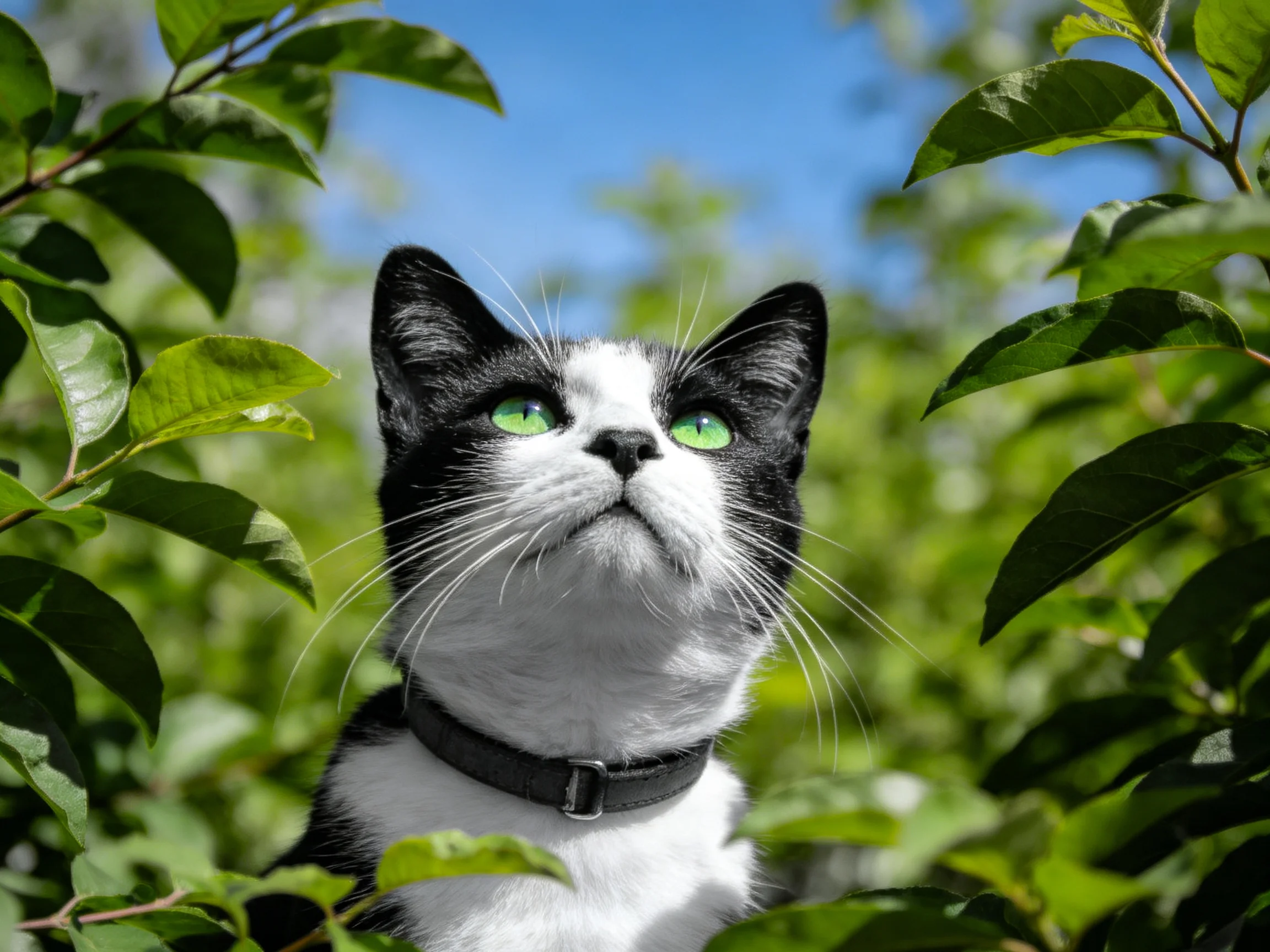 A black - and - white cat with green eyes is nestled among dense greenery in bright daylight.