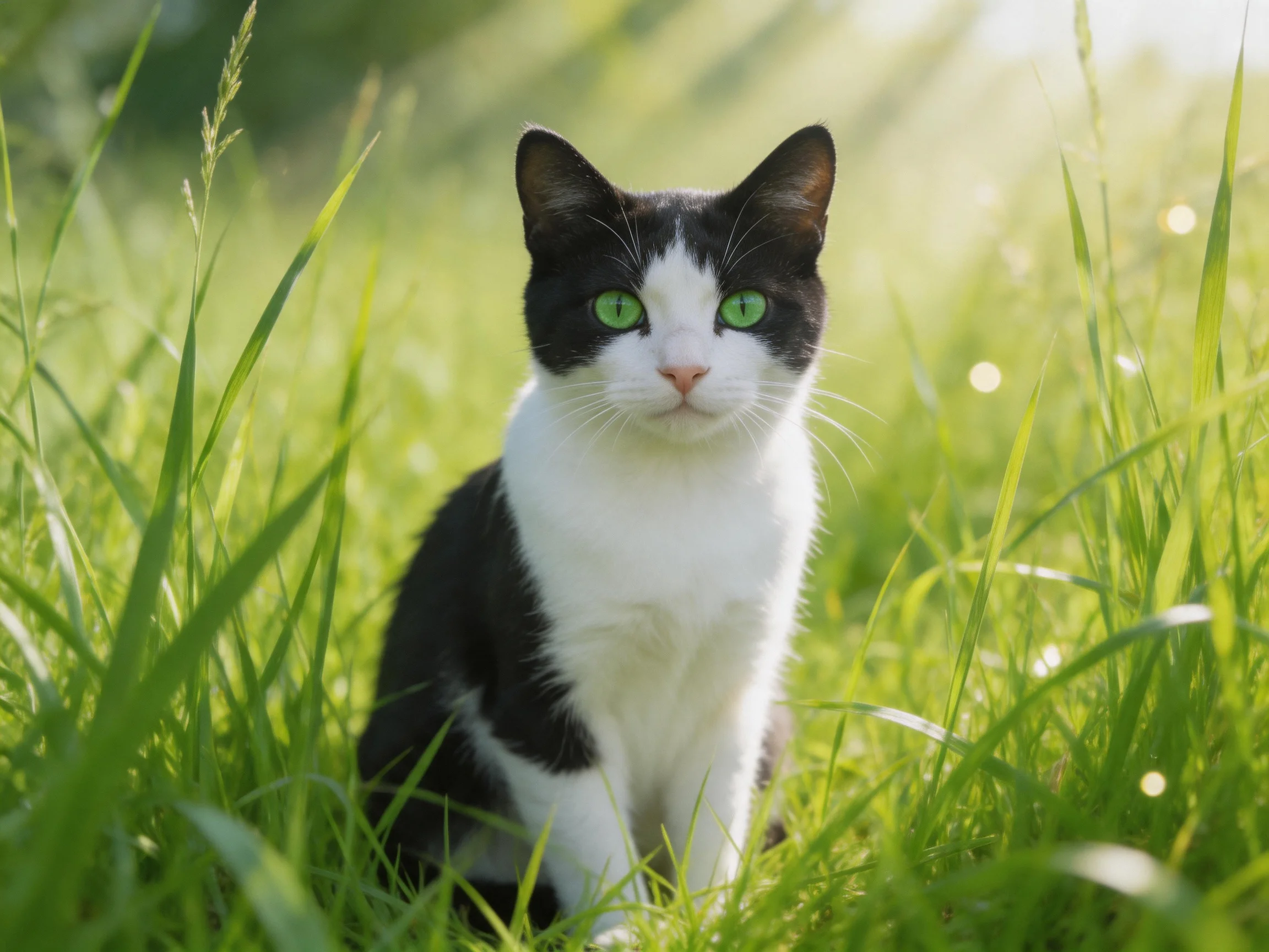 A black - and - white cat with green eyes sits in lush green grass under sunlight.