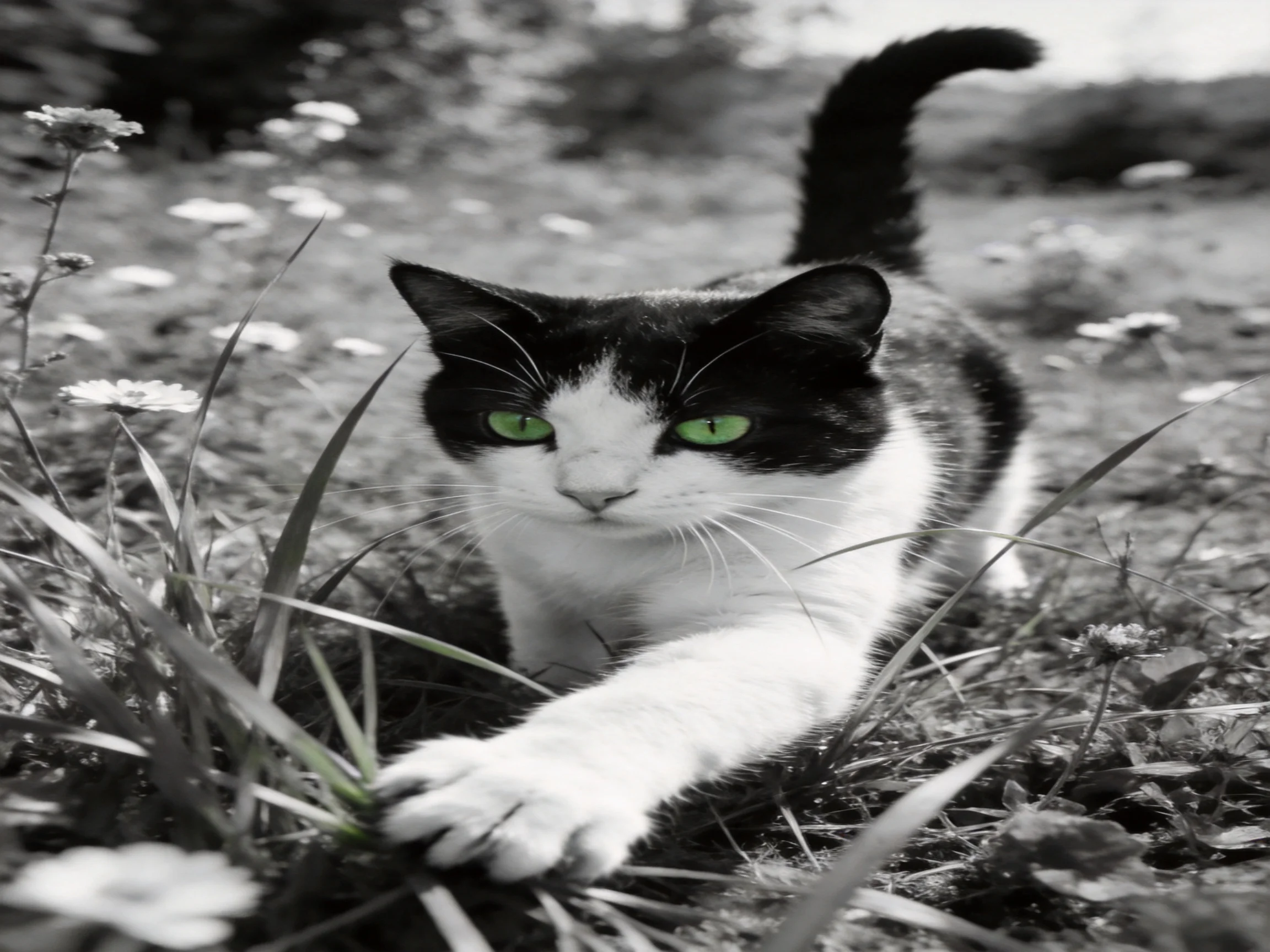 A black - and - white cat with bright green eyes moves through a flowered meadow.
