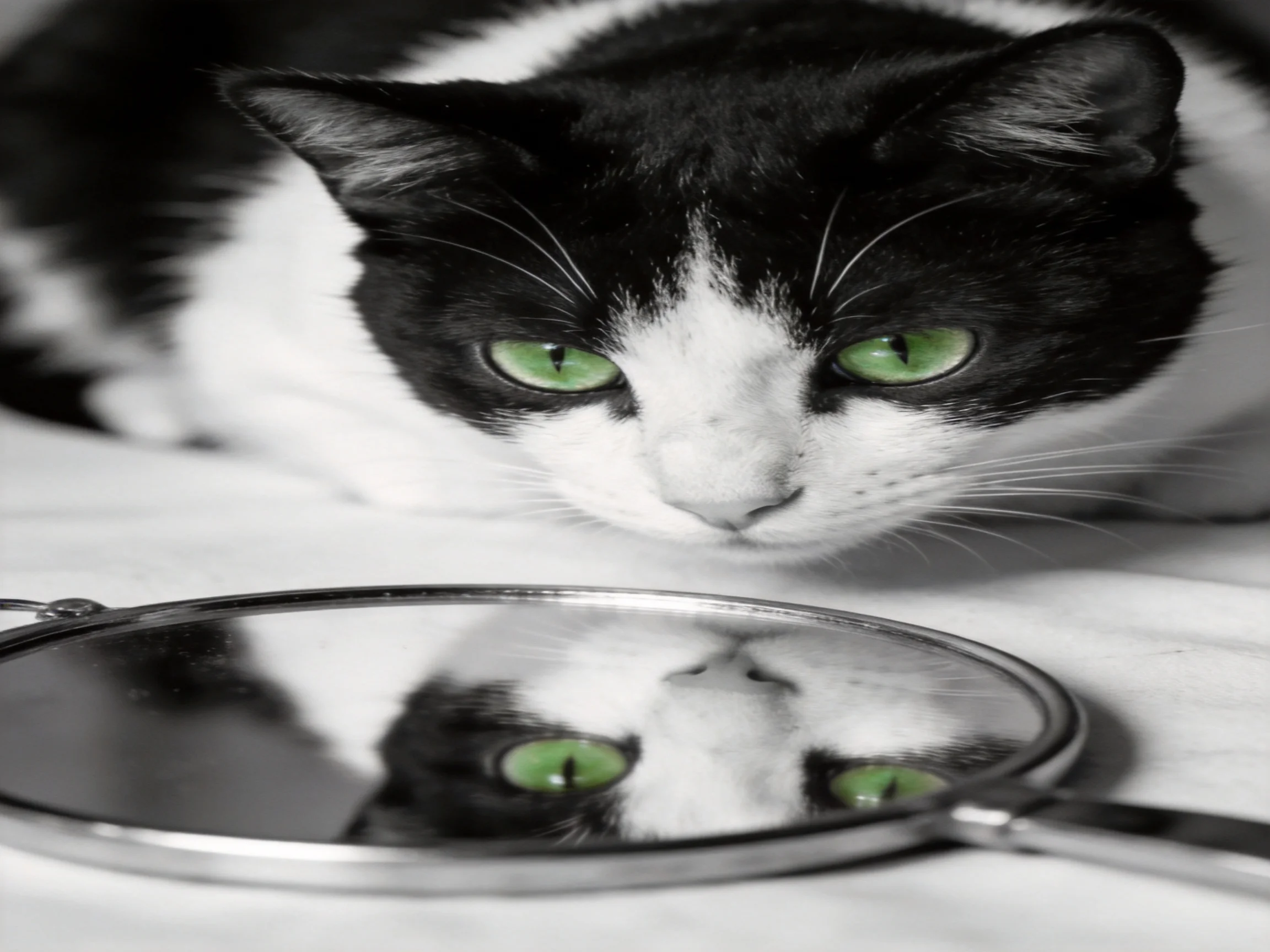A black - and - white cat with green eyes views its reflection in a small round mirror.