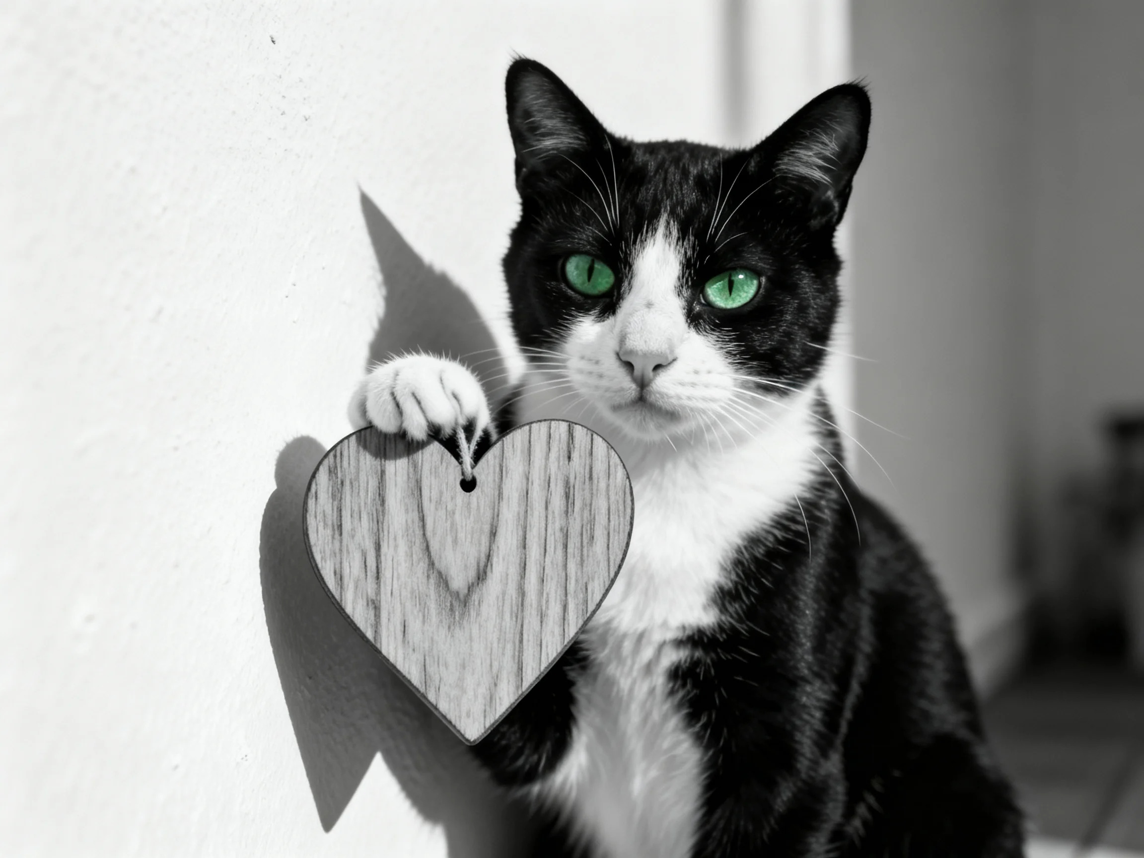 Black and white cat with green eyes holds a wooden heart against a wall