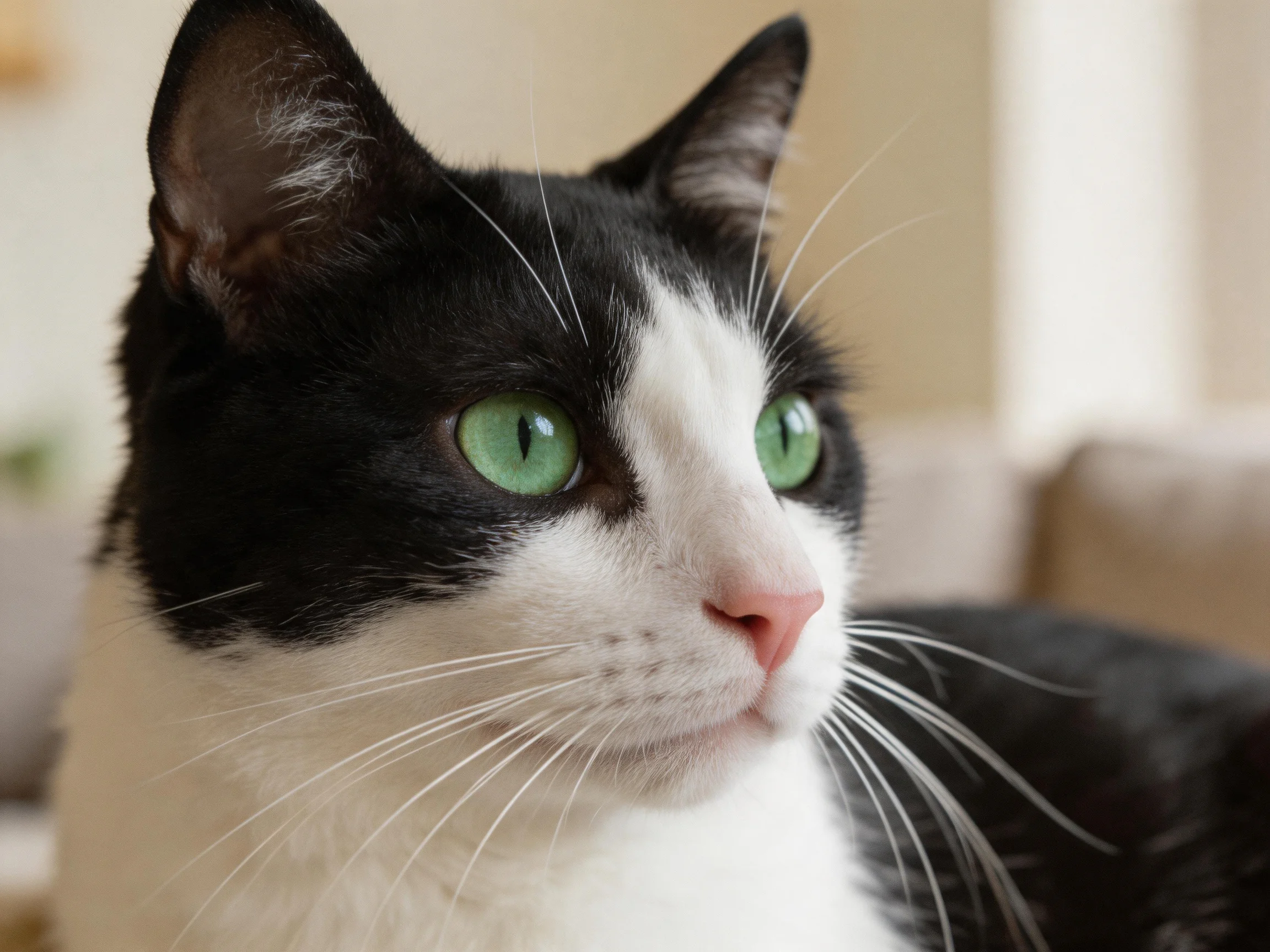A black - and - white cat with green eyes gazes attentively indoors.