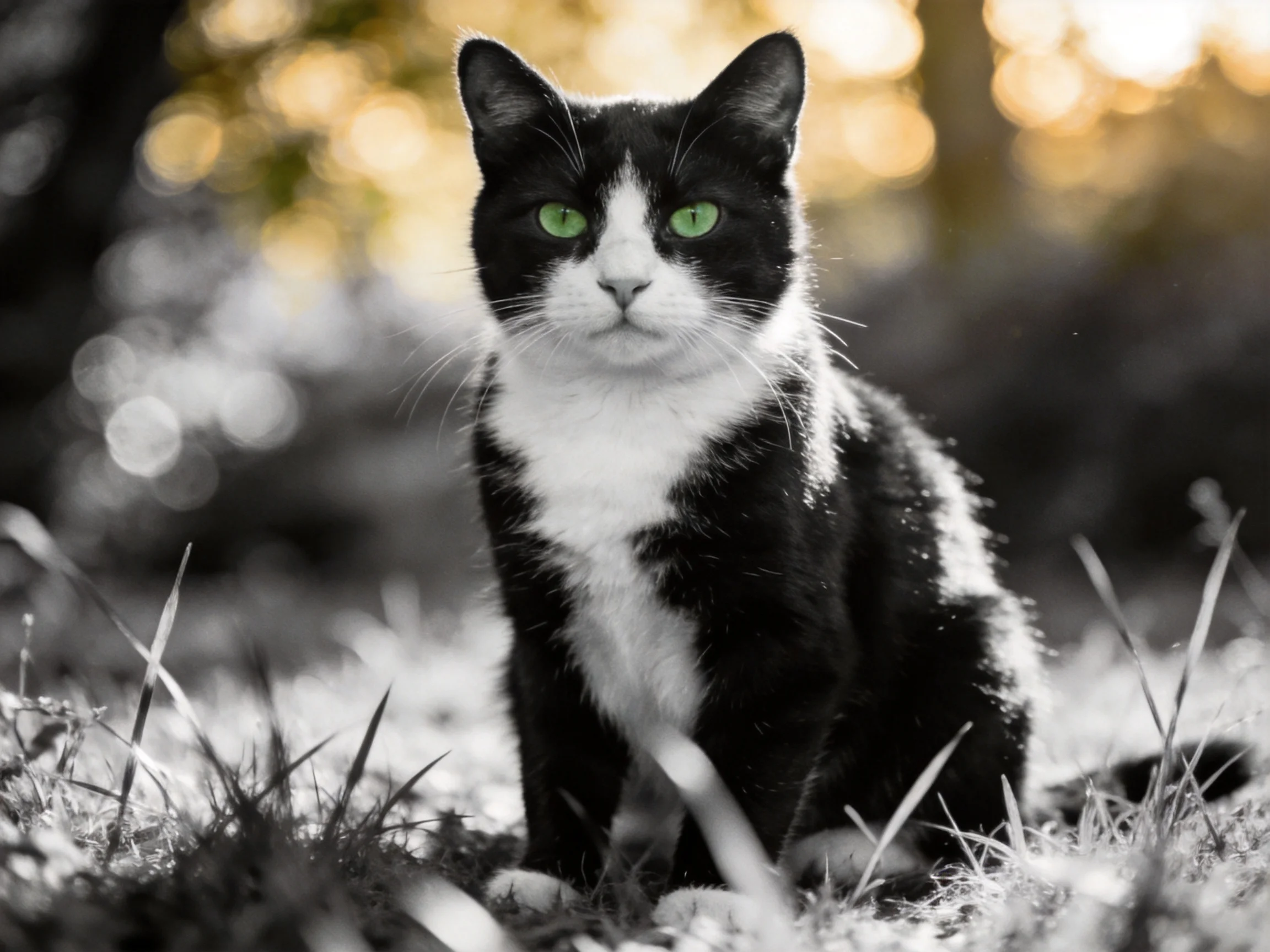 A black - and - white cat with bright green eyes sits calmly in a grassy outdoor area.