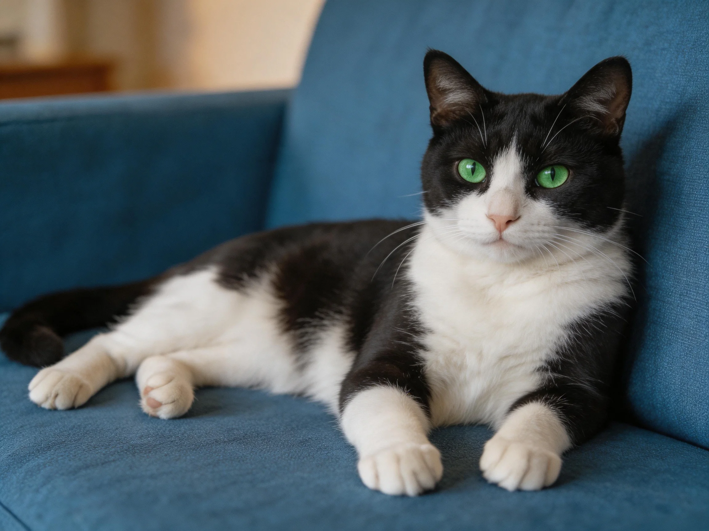 A black - and - white cat with green eyes relaxes on a blue sofa.