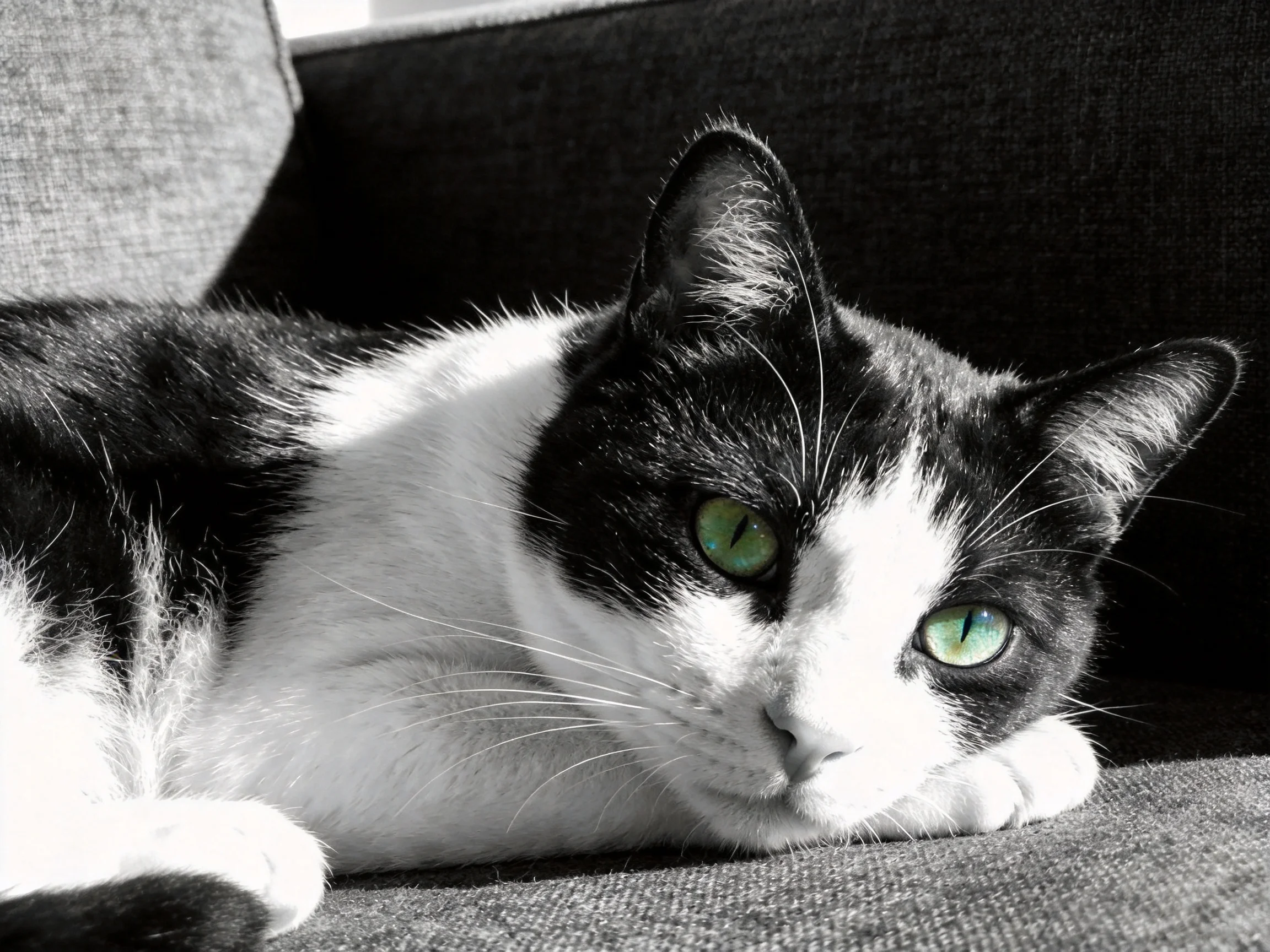 A black - and - white cat with green eyes relaxes on a couch