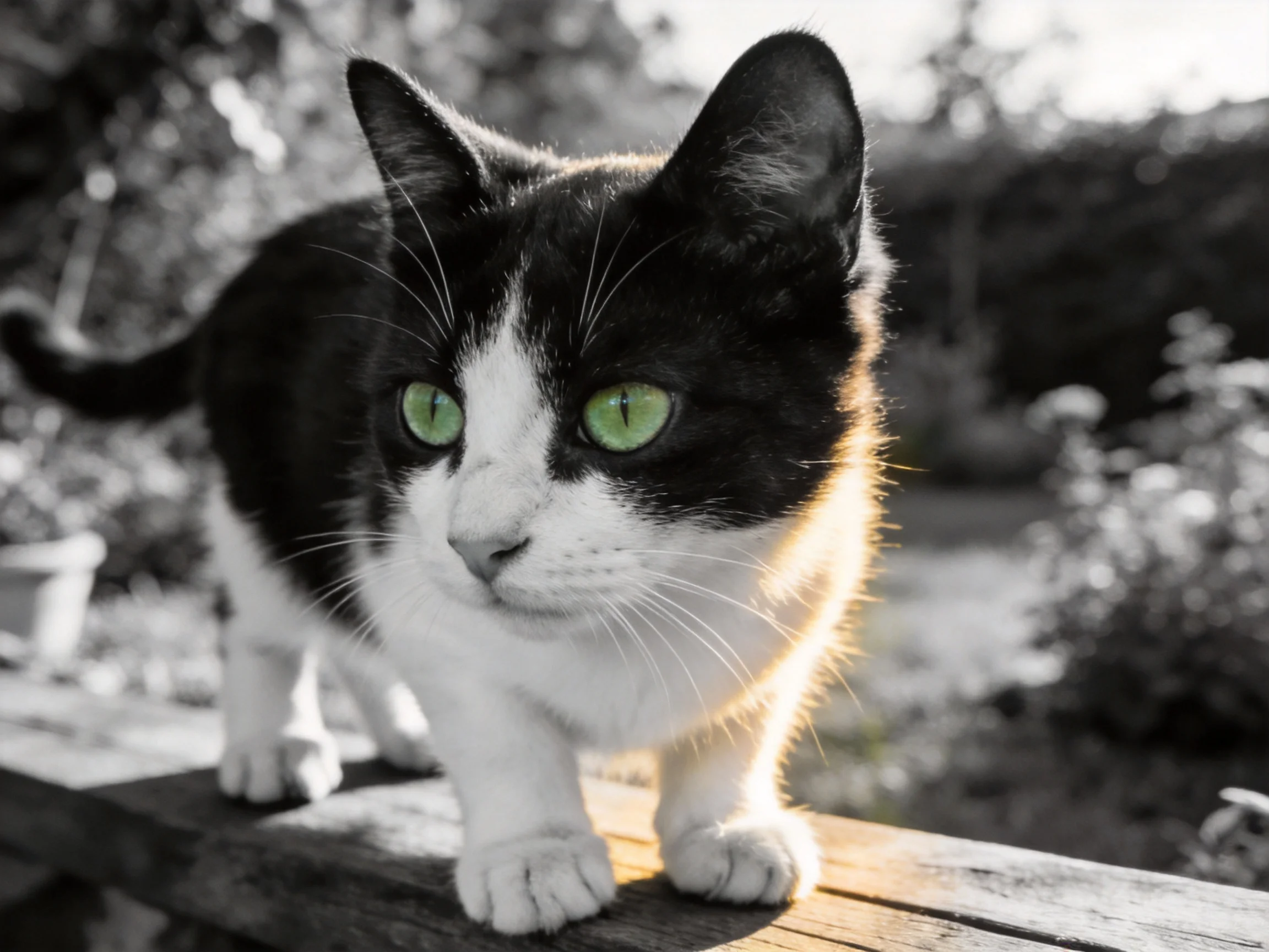 A black - and - white cat with green eyes stands on a wooden fence in a sunlit garden.