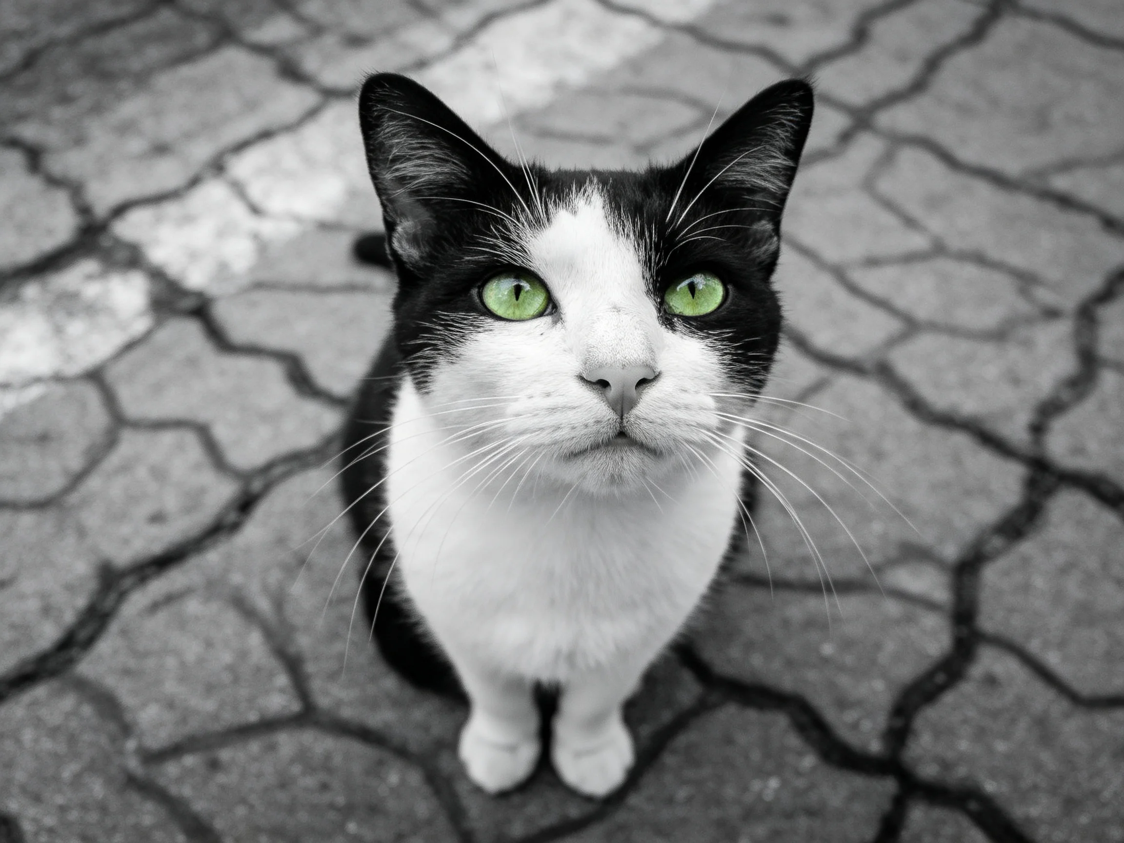 A black - and - white cat with green eyes sits on cracked pavement