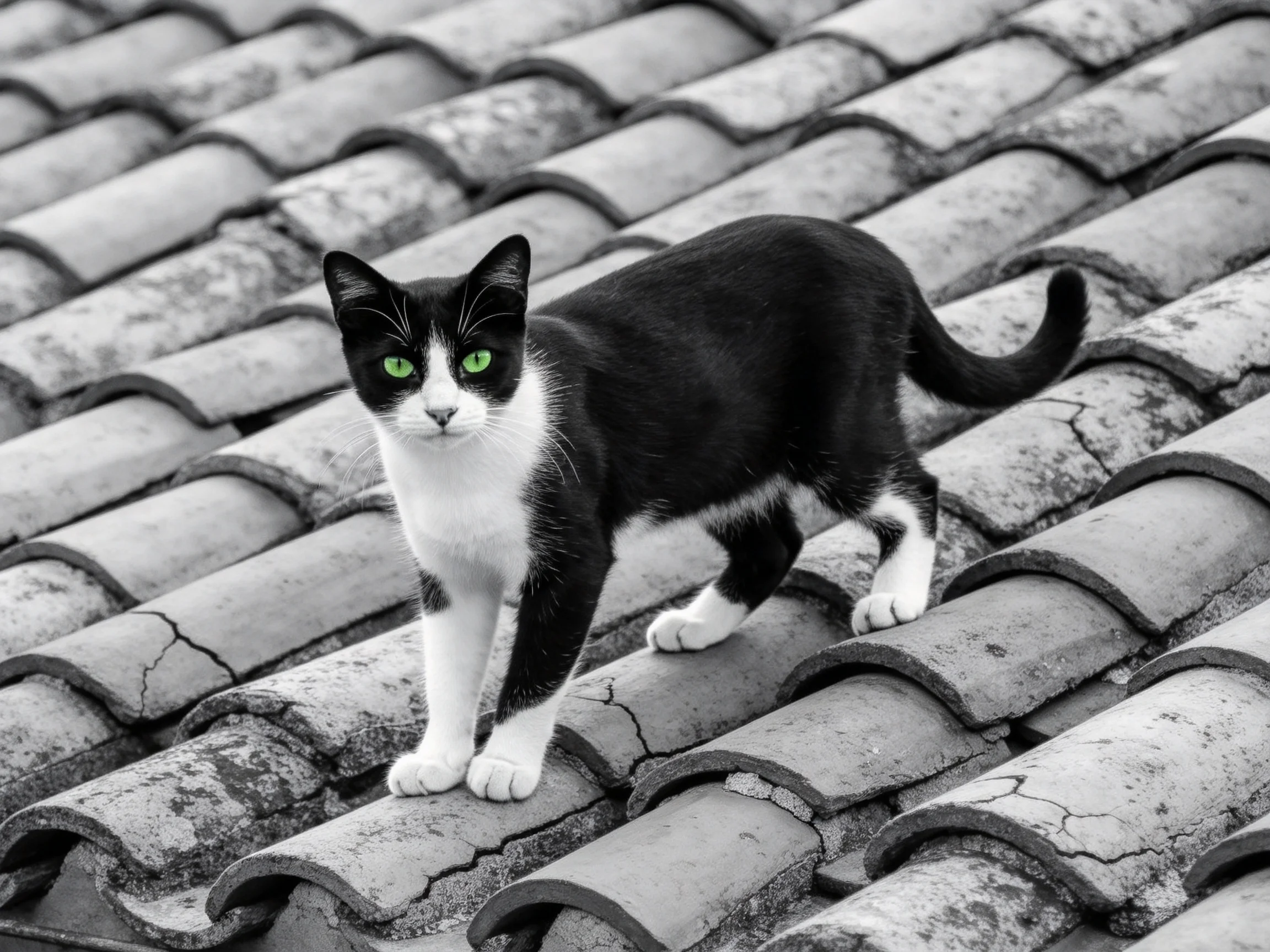 A black - and - white cat with green eyes moves across aged roof tiles