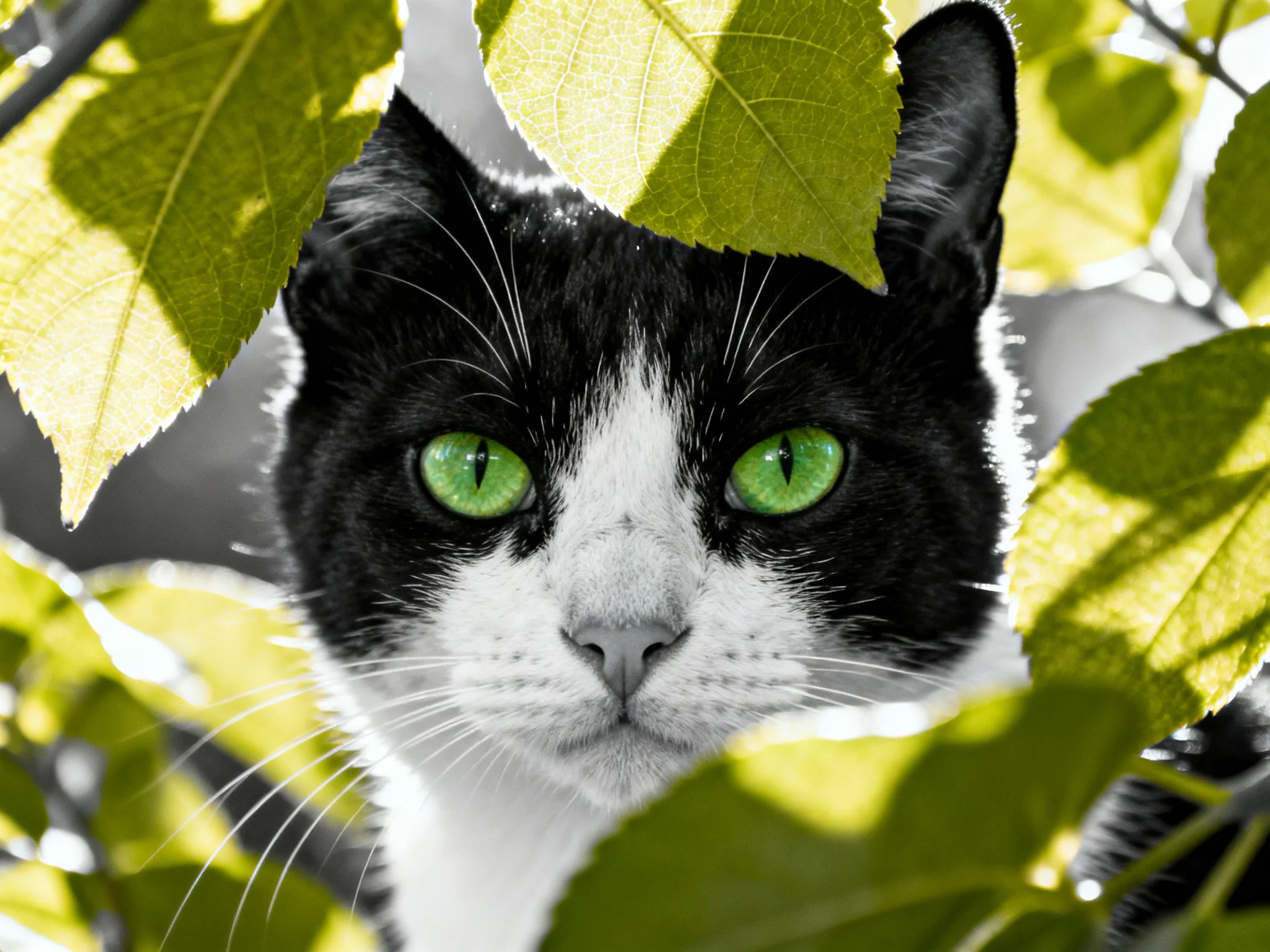 A black - and - white cat with bright green eyes hides among green leaves.