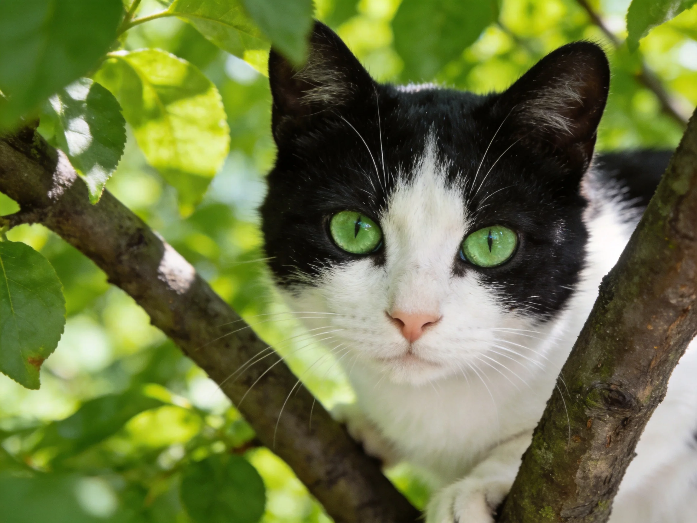 A black - and - white cat with green eyes is nestled among tree branches and green foliage.