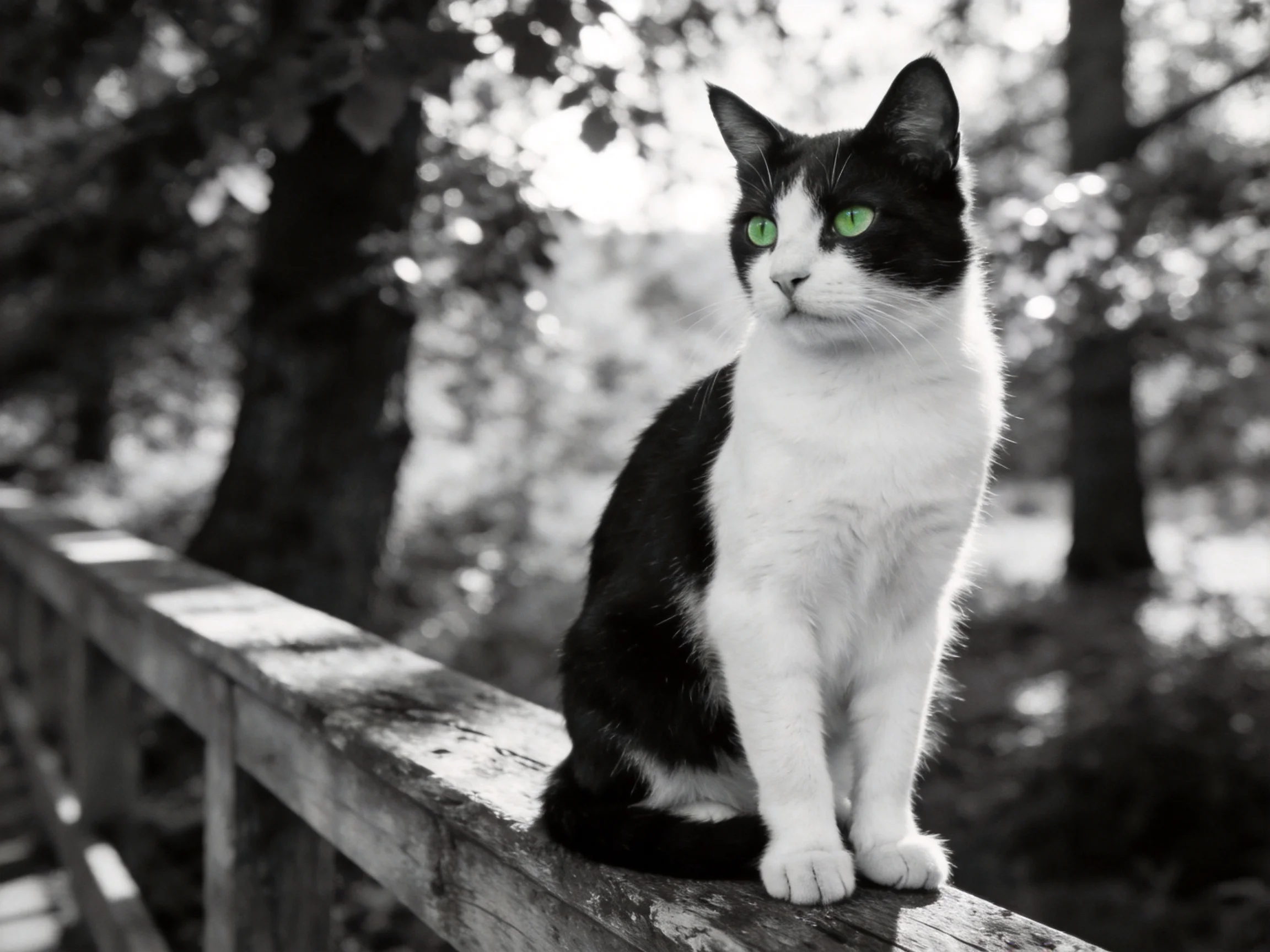 A black - and - white cat with bright green eyes sits on a wooden railing in a wooded area.