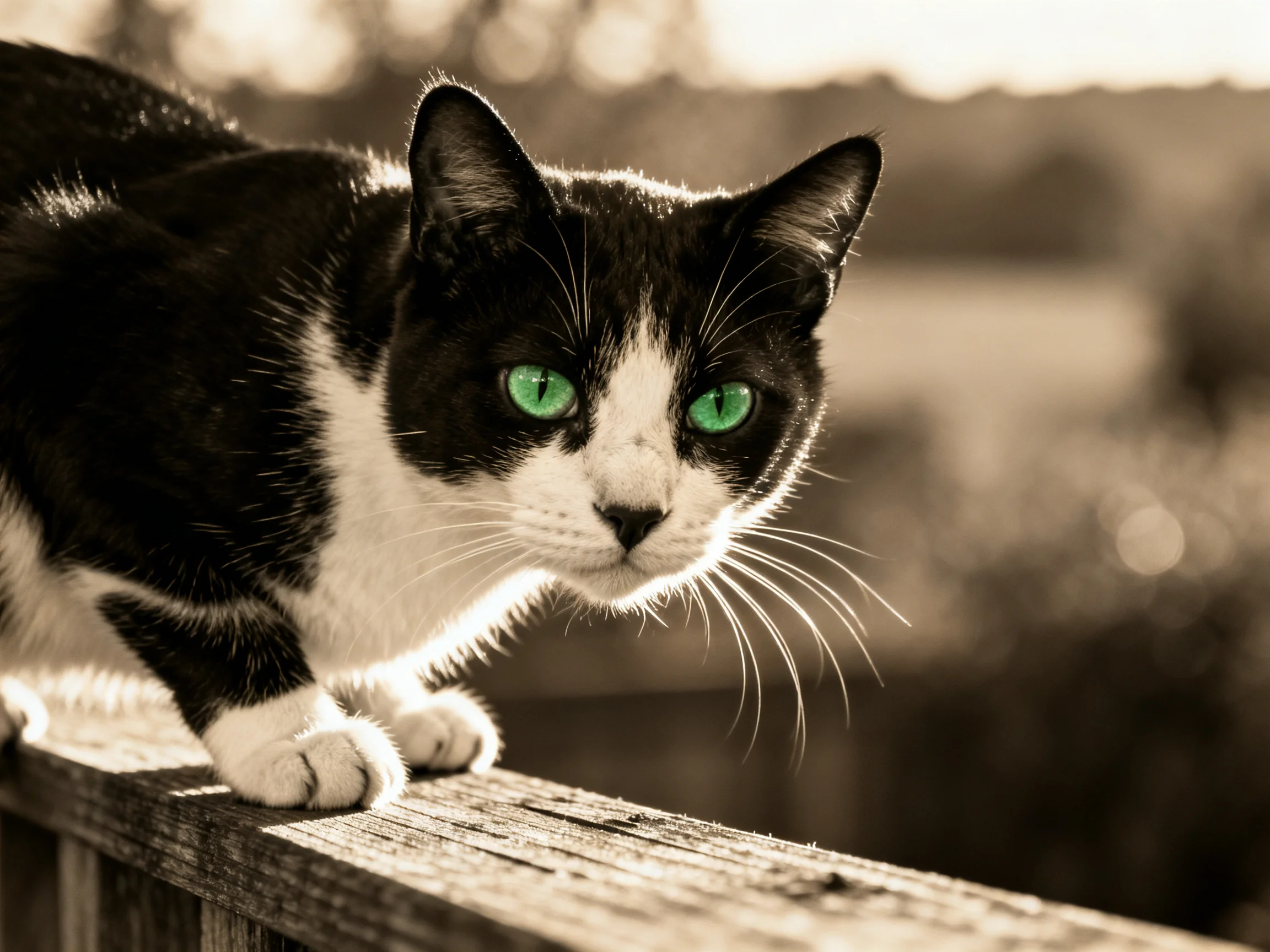A black - and - white cat with green eyes sits on a wooden structure.