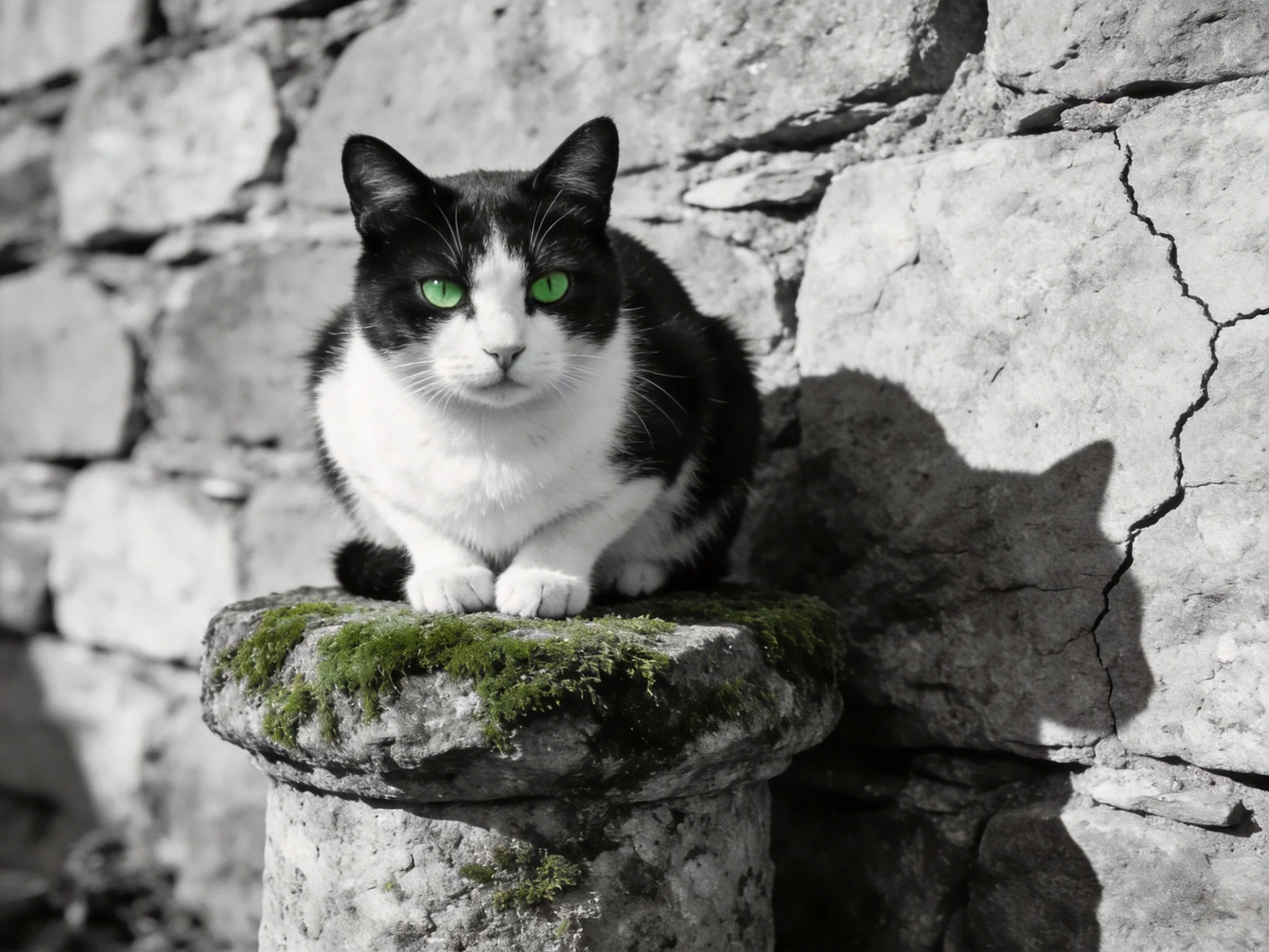 A black - and - white cat with bright green eyes rests on a mossy stone pedestal near an old stone wall.