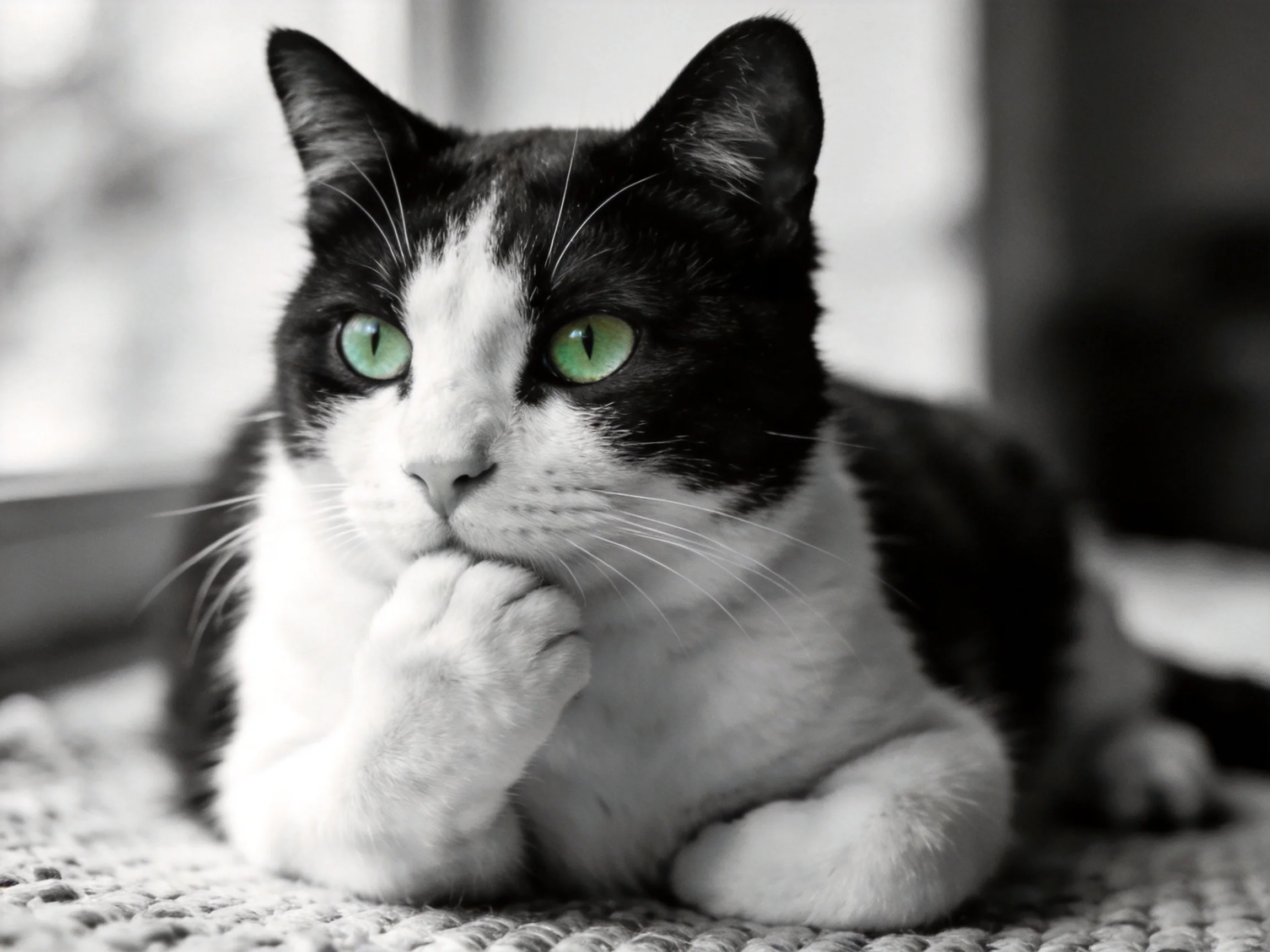A black - and - white cat with vivid green eyes rests contemplatively indoors