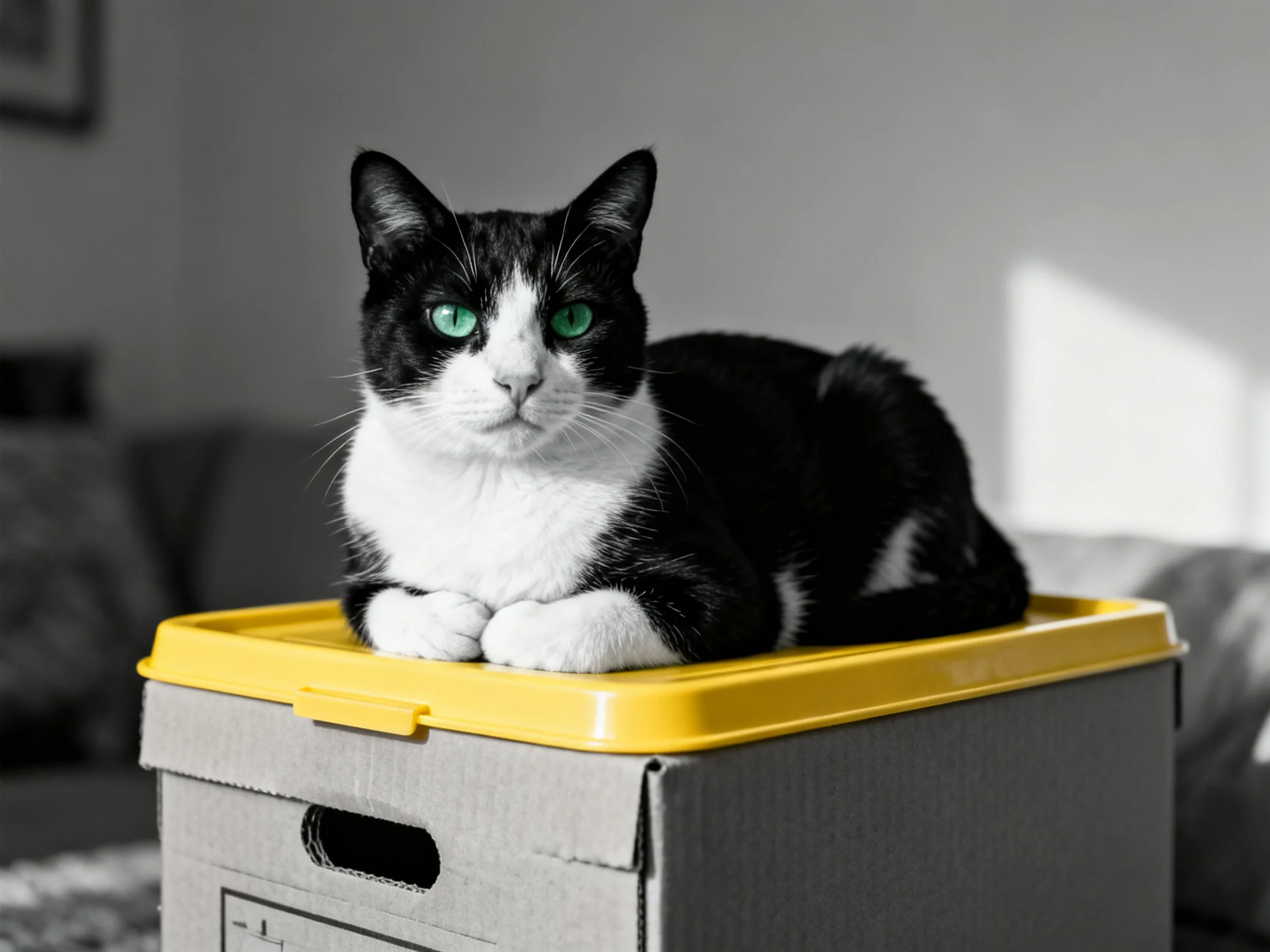 A black and white cat with green eyes sits on a yellow box inside a home