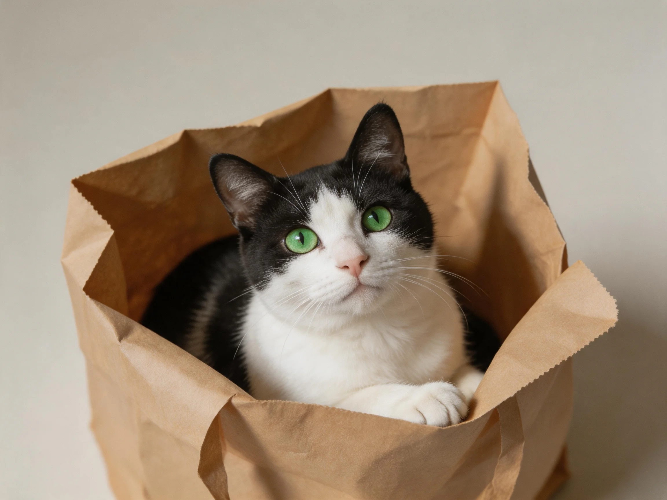 A black - and - white cat with green eyes sits inside an open brown paper bag