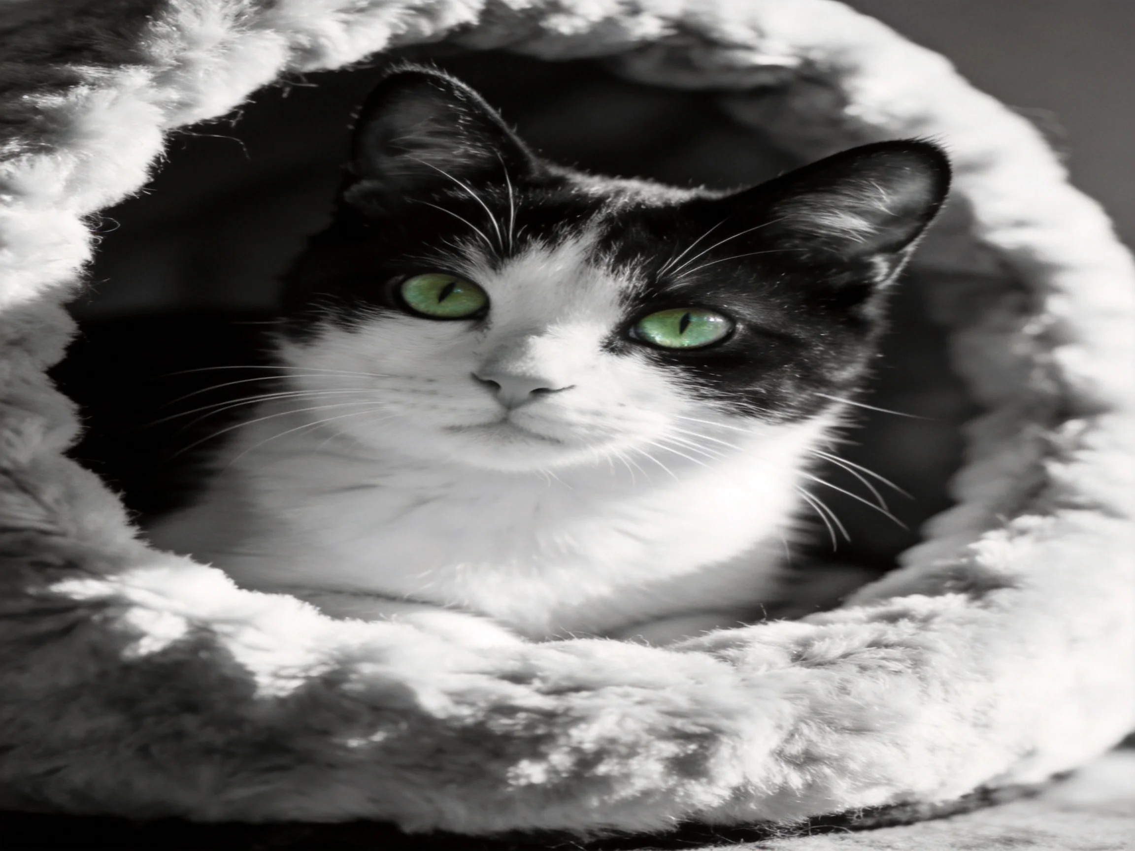A black - and - white cat with green eyes sits in a cozy bed