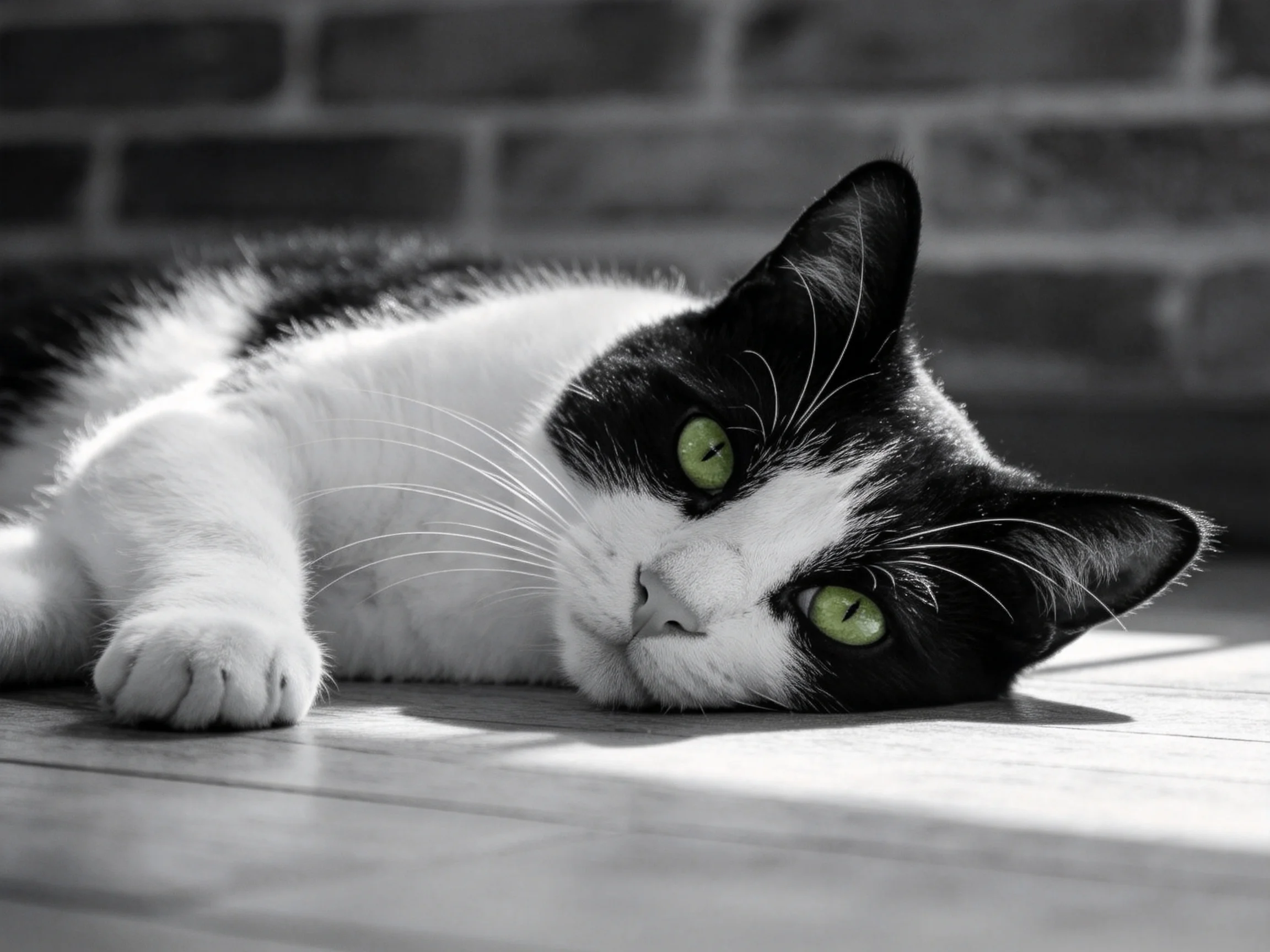 A black - and - white cat with green eyes lies on a floor beside a brick wall