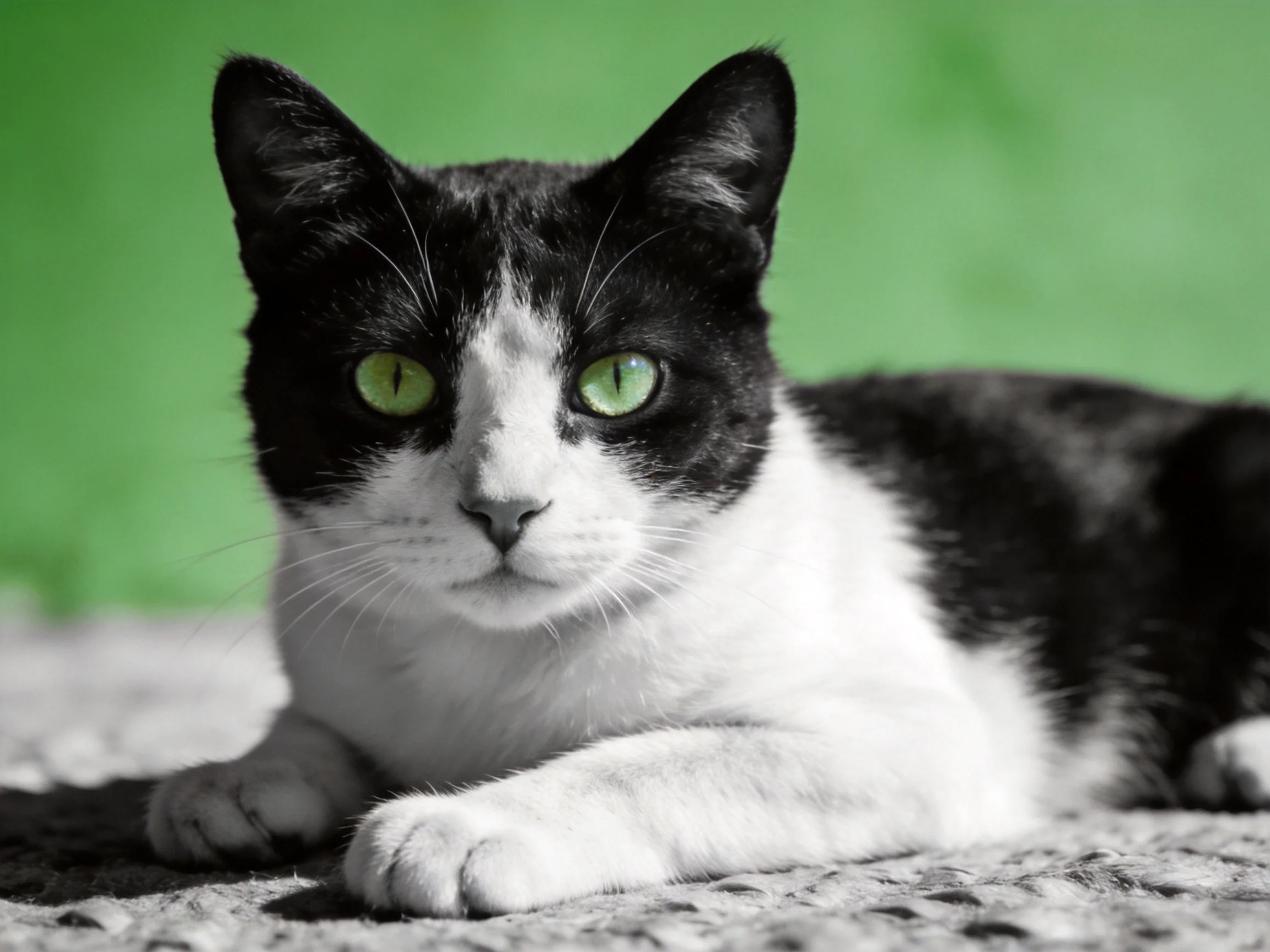 A black - and - white cat with bright green eyes rests near a vibrant green background