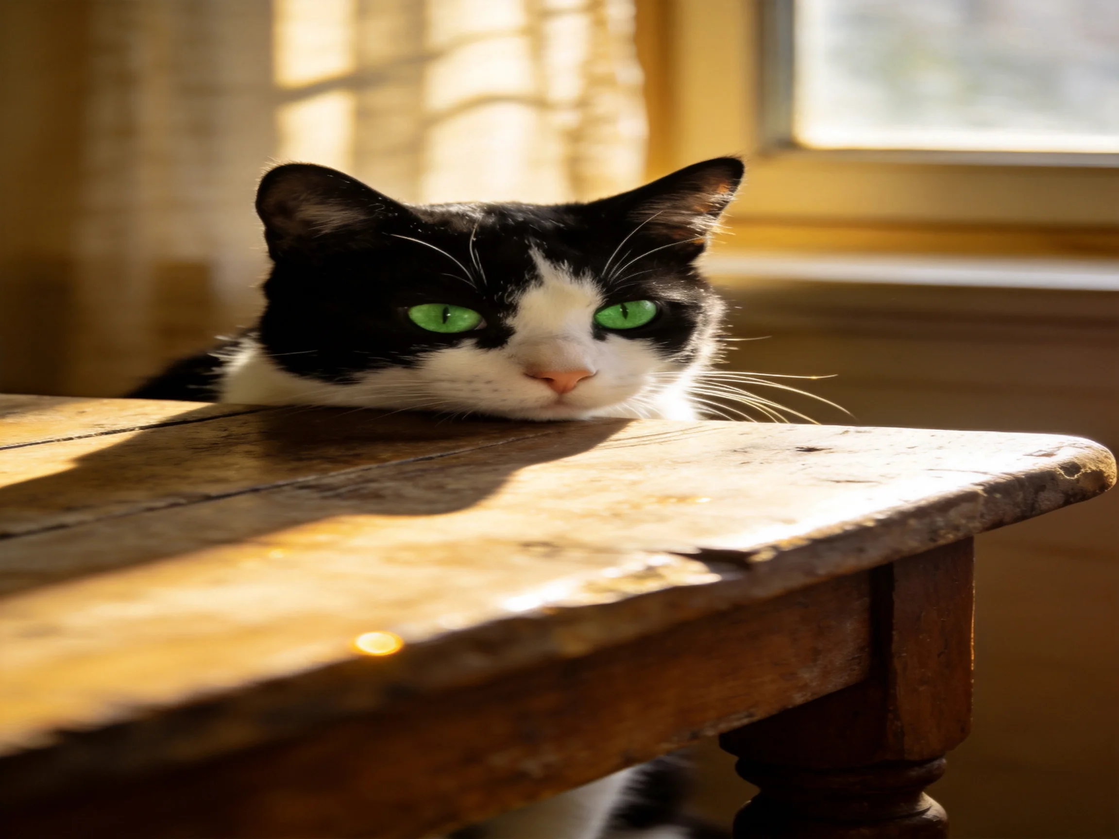 A black - and - white cat with green eyes sits by a wooden table in a sunlit room.