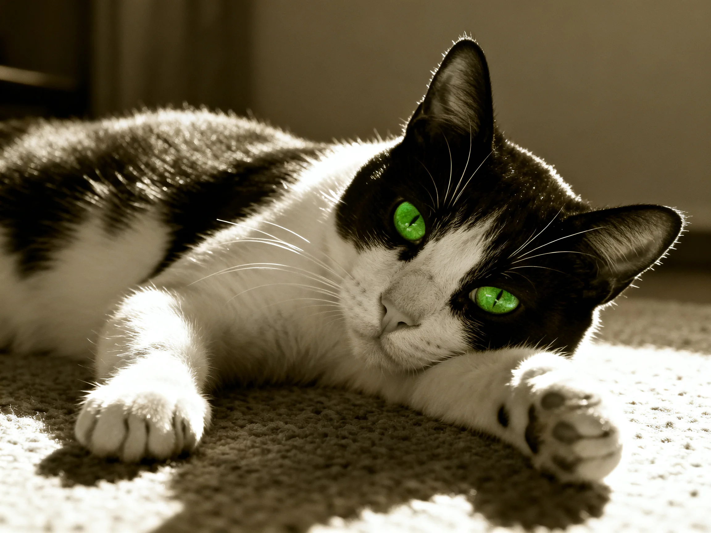 A black - and - white cat with green eyes lies on a carpet