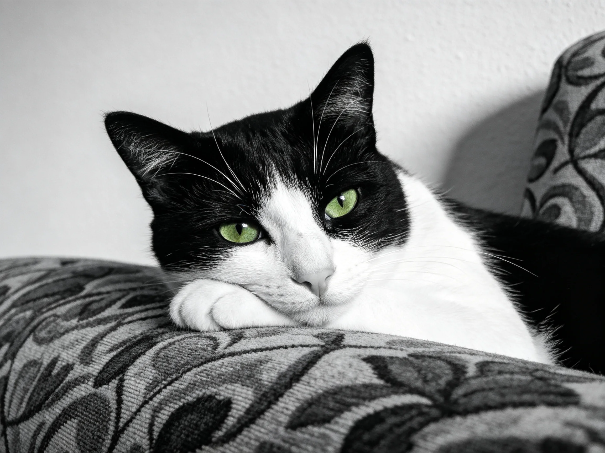 A black - and - white cat with green eyes rests on a patterned couch.