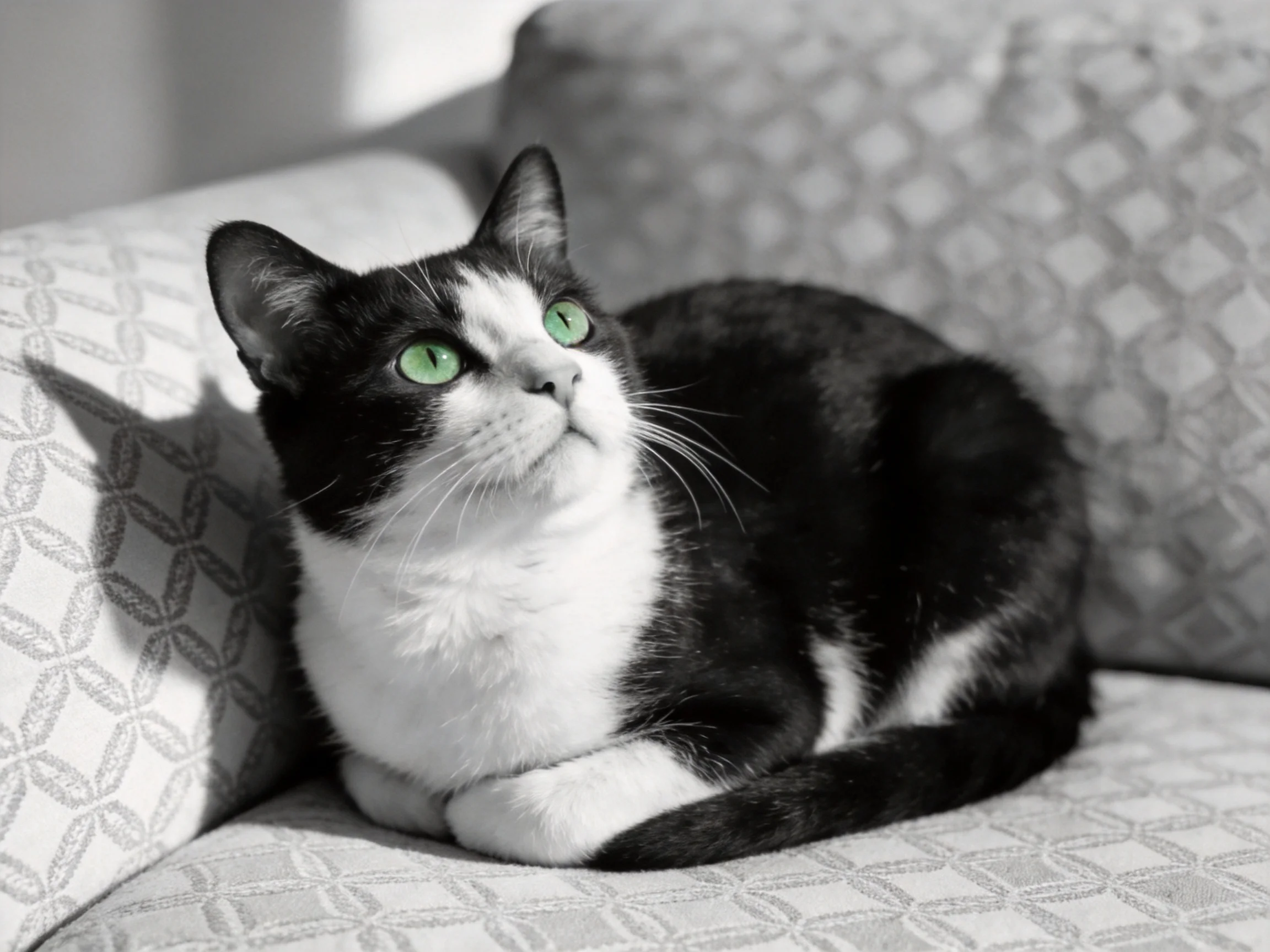 A black - and - white cat with green eyes relaxes on a patterned sofa.