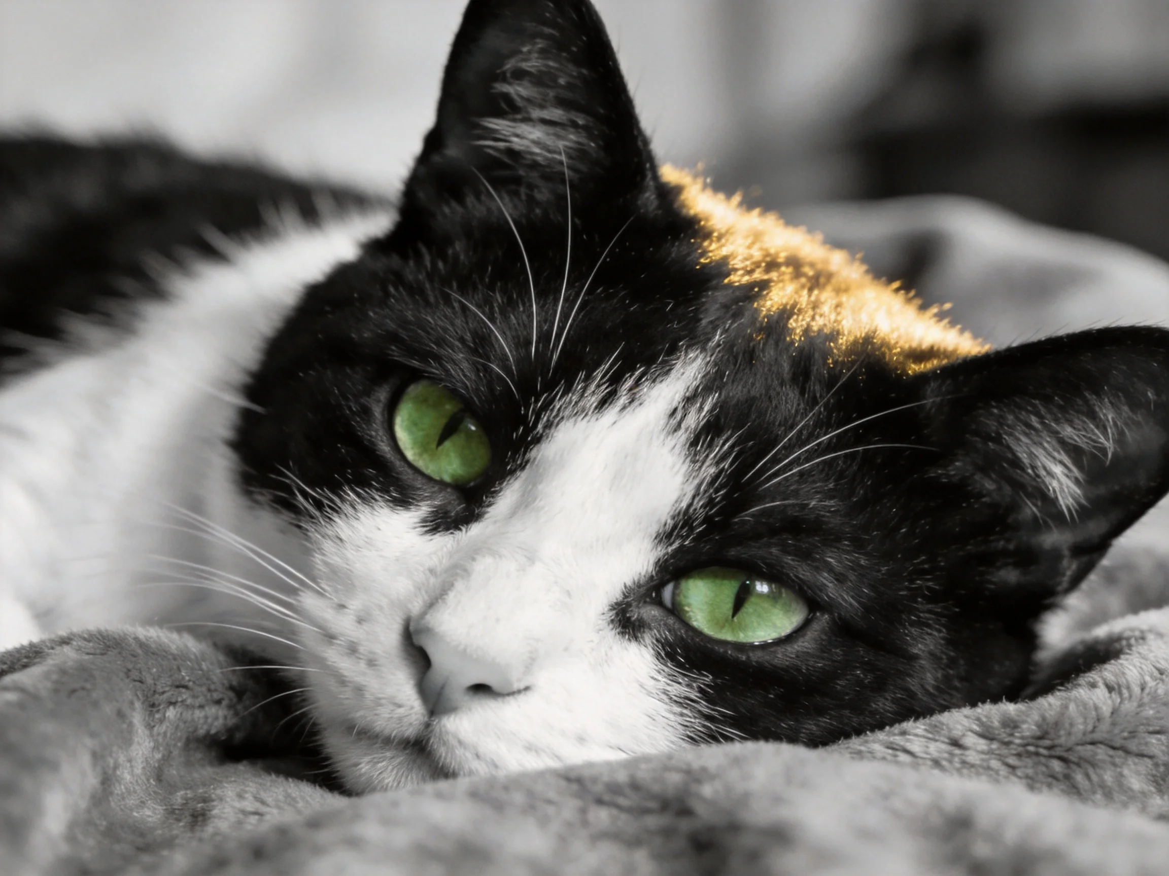 A black - and - white cat with green eyes lies on a gray blanket